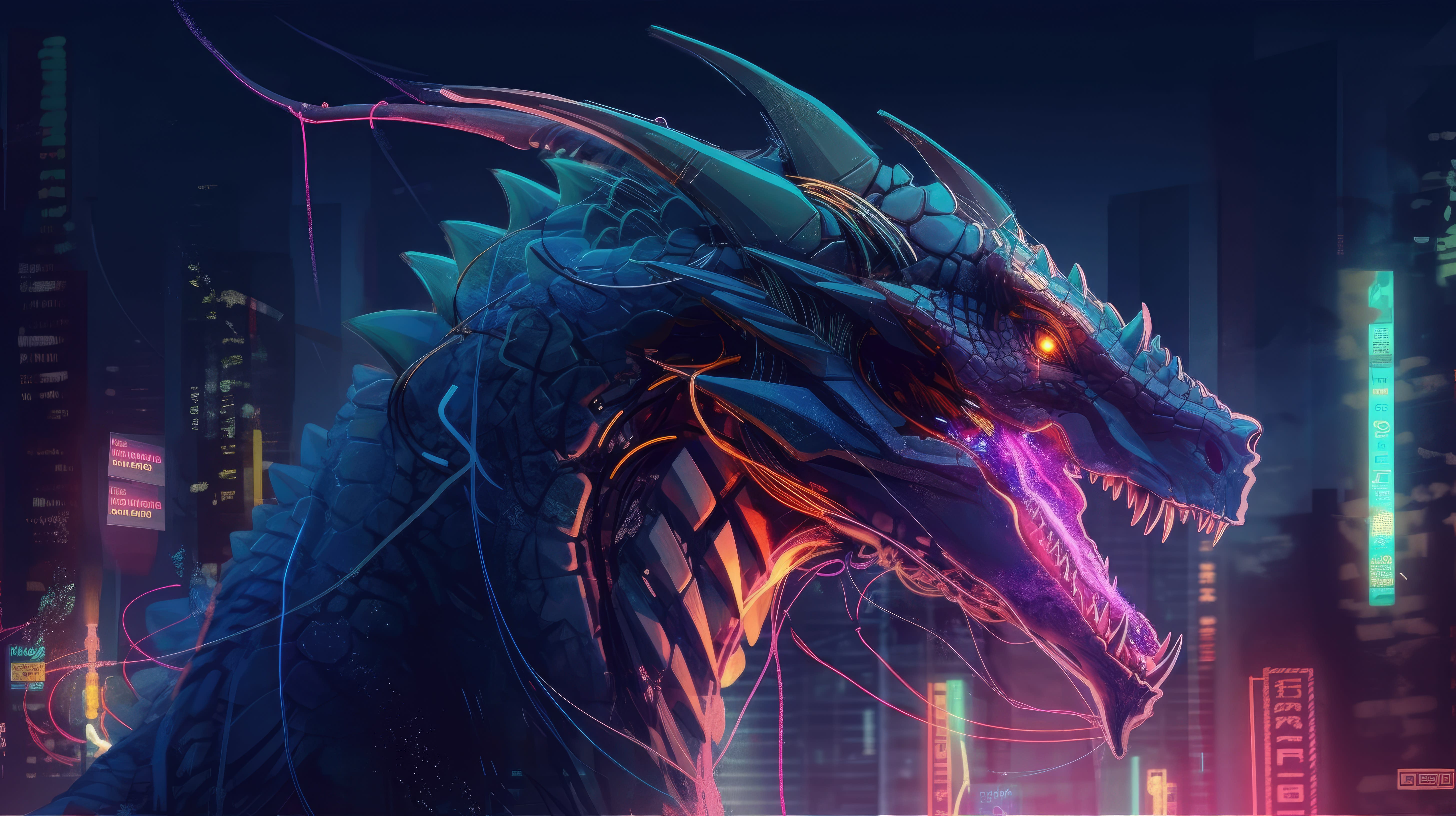 Drago cyberpunk neon città, 5824x3264 4K, Desktop 4K