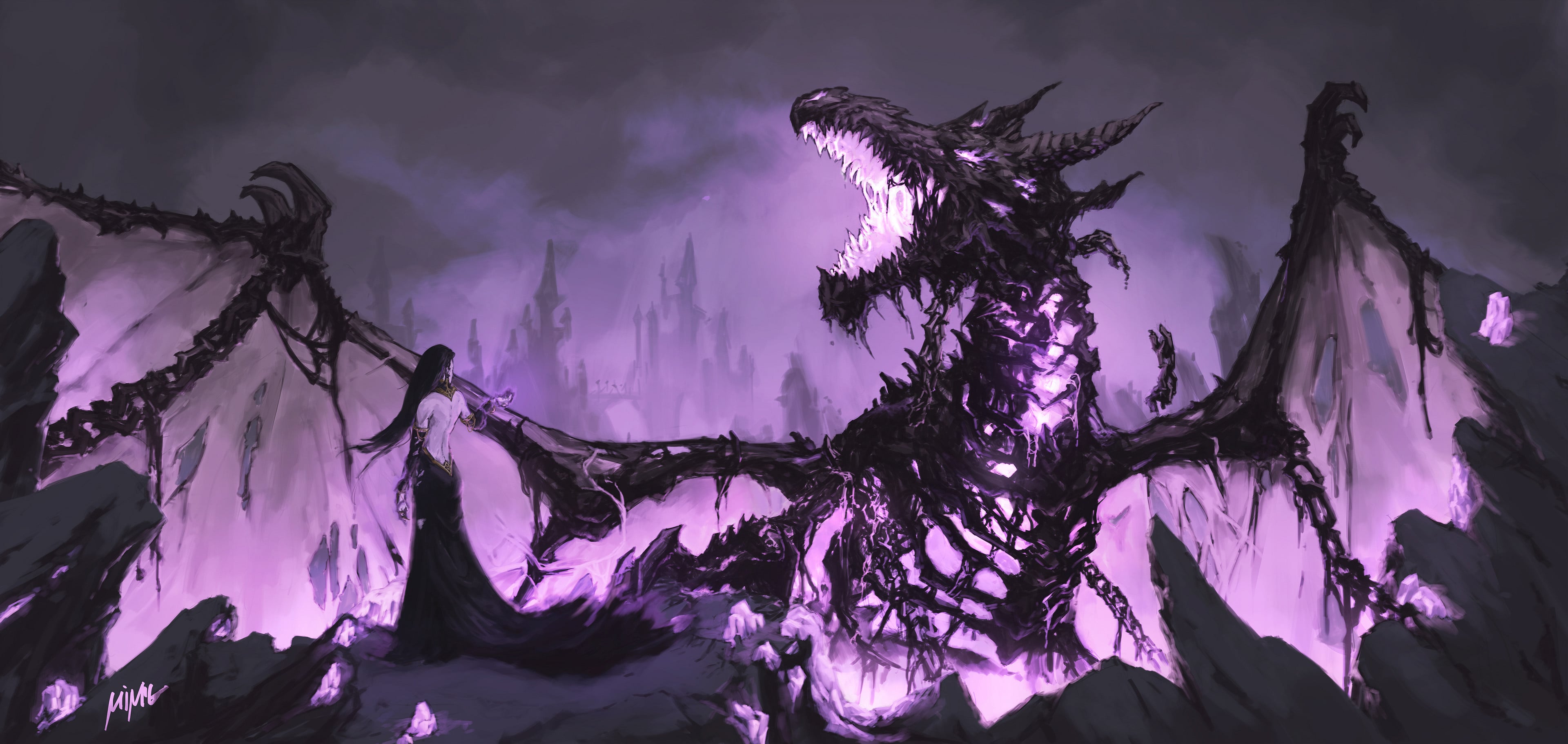 Drago viola fantasy oscuro, 3840x1821 Ultra HD, 4K TV