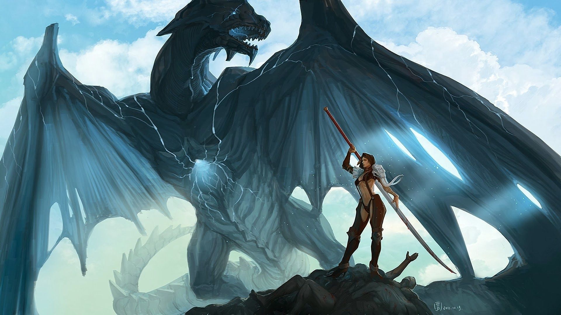 Guerriera con spada e drago, 1920x1080 1080p, PC