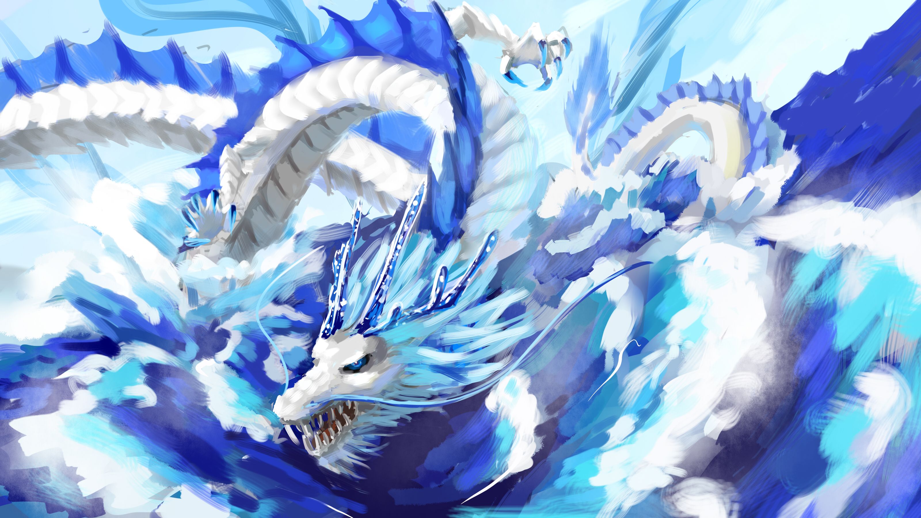 Drago bianco tra onde blu, 3200x1800 2K, Desktop