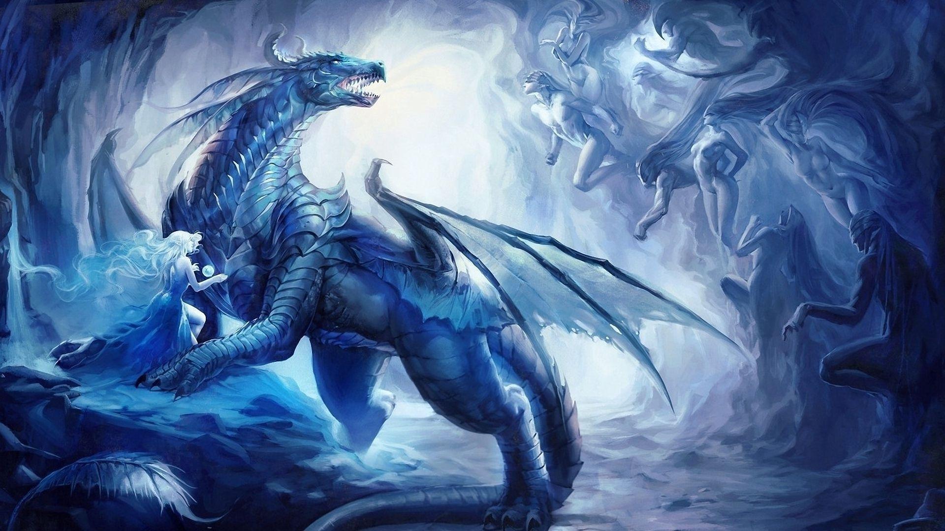Drago blu con figura femminile, 1920x1080 Full HD 1080p, PC Desktop