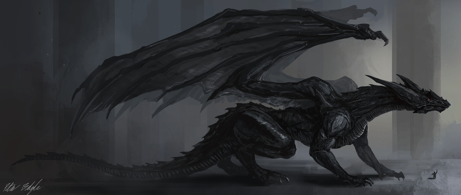 Drago nero fantasy scuro, 1600x678 Panoramico, Dual Screen