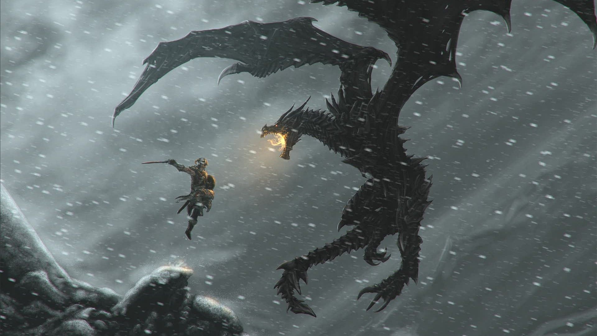 Drago nero e guerriero neve, 1920x1080 1080p, PC