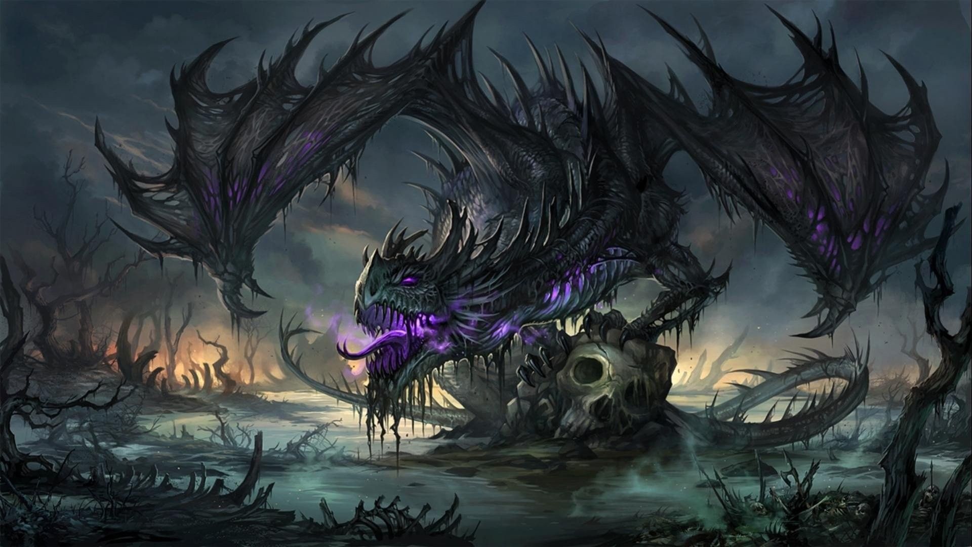 Drago nero con teschi, 1920x1080 Full HD, PC