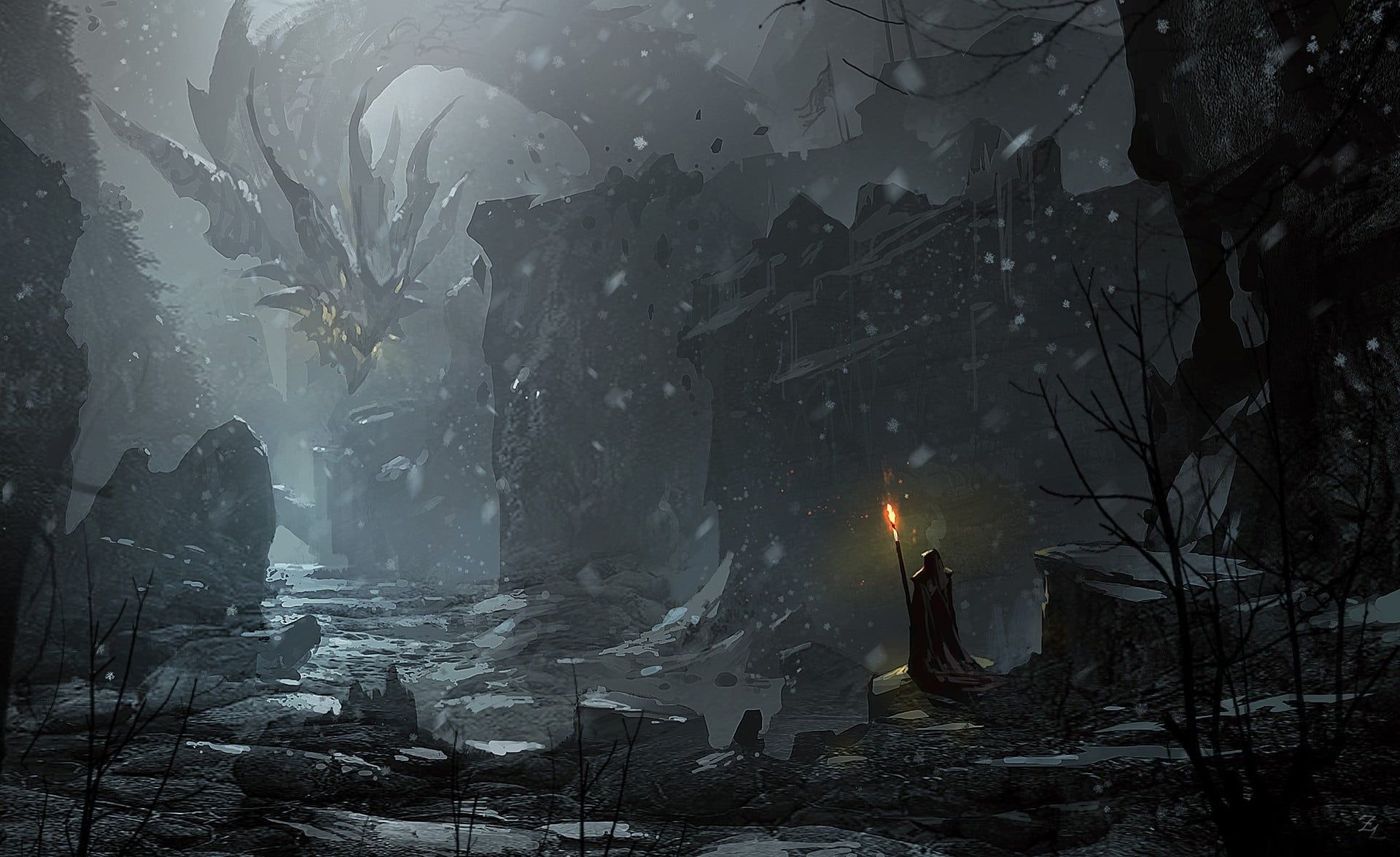 Drago nero rovine innevate, 1920x1175 Full HD, Desktop