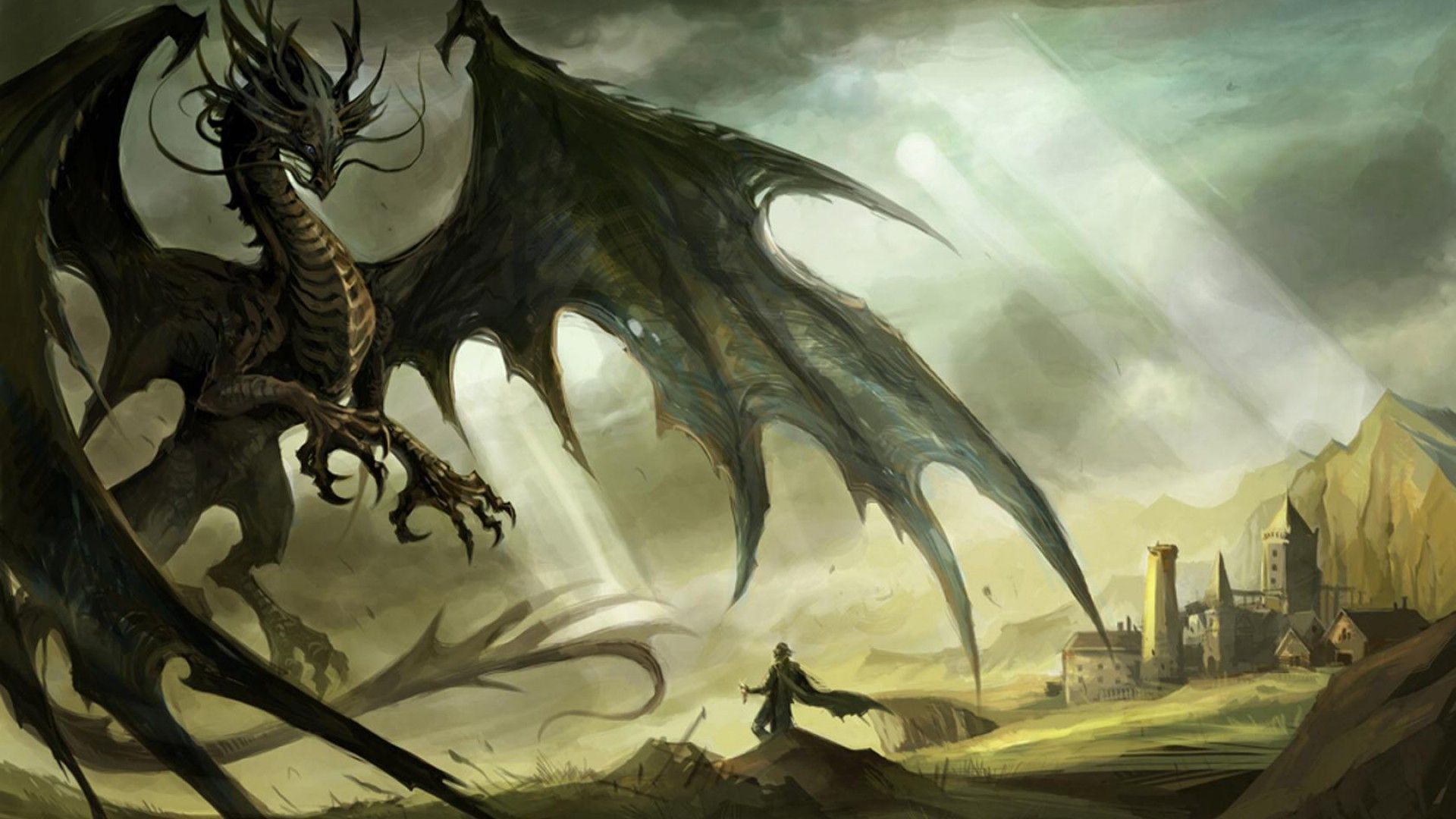Drago nero alato sopra castello, 1920x1080 Full HD, Laptop