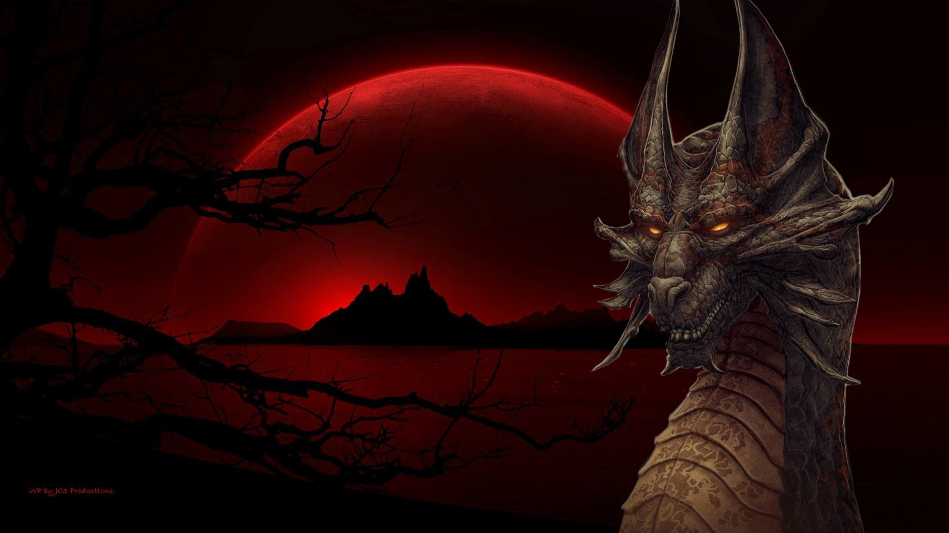 Drago nero con luna rossa, 1920x1080 Full HD 1080p, Desktop