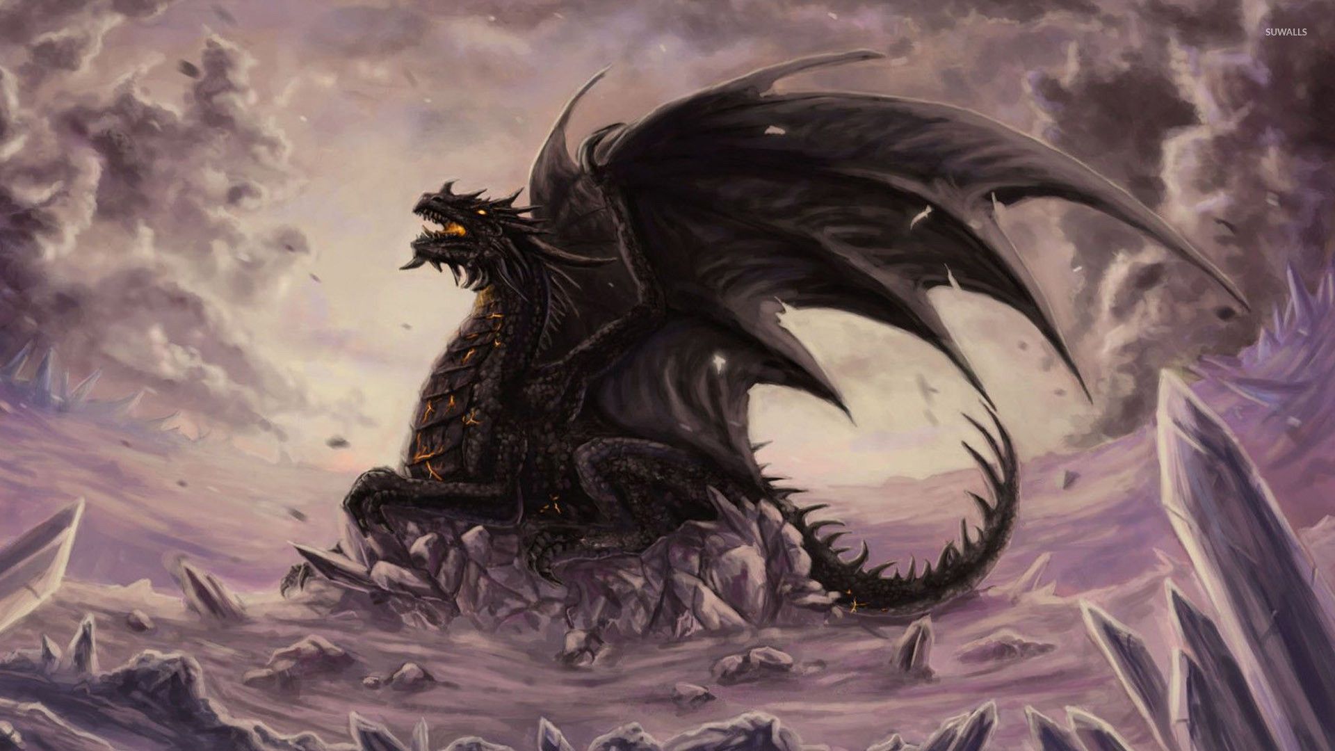 Drago nero su cristalli viola, 1920x1080 Full HD 1080p, Desktop