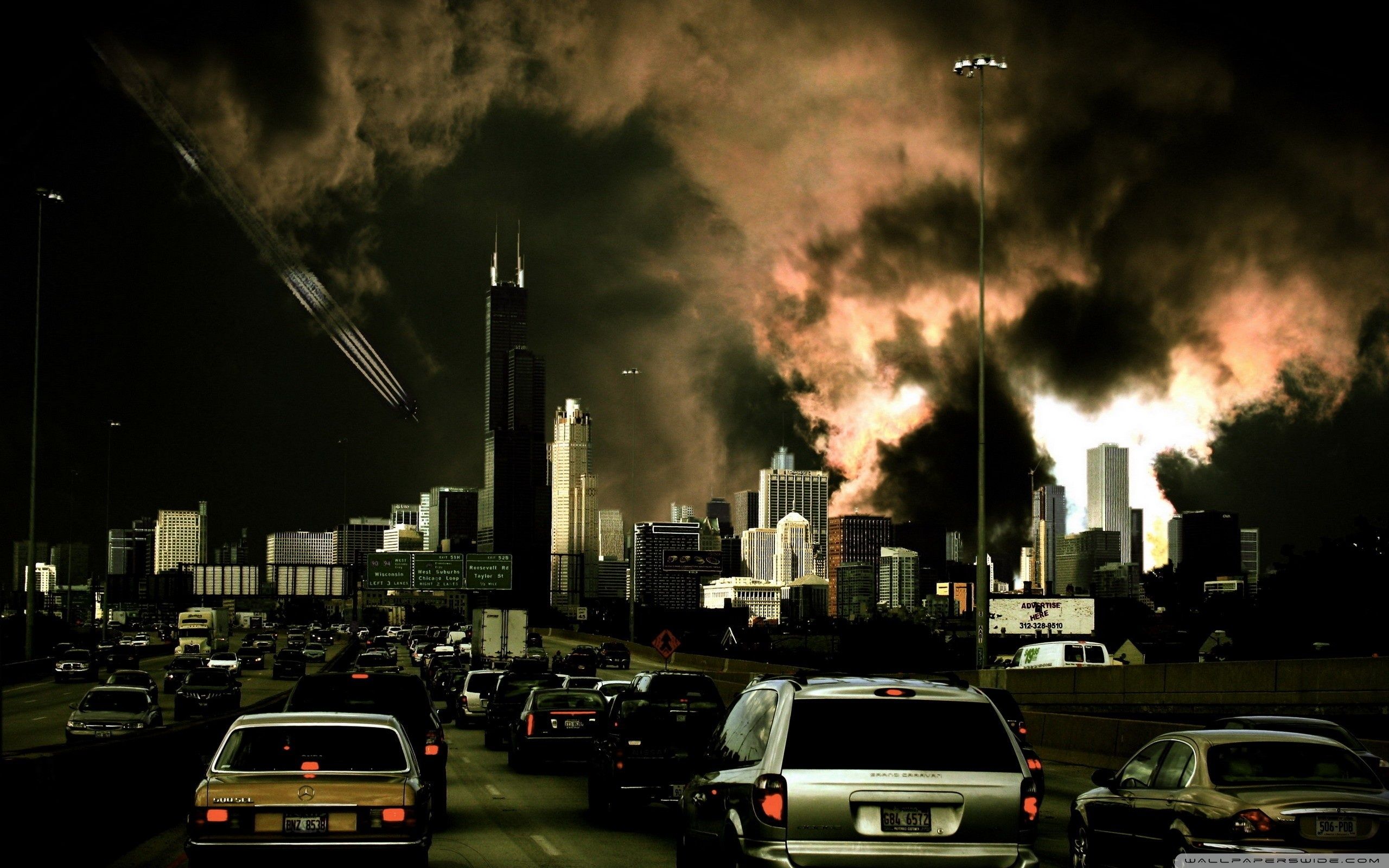 Città in fiamme, traffico notturno, 2560x1600 2K+, Desktop