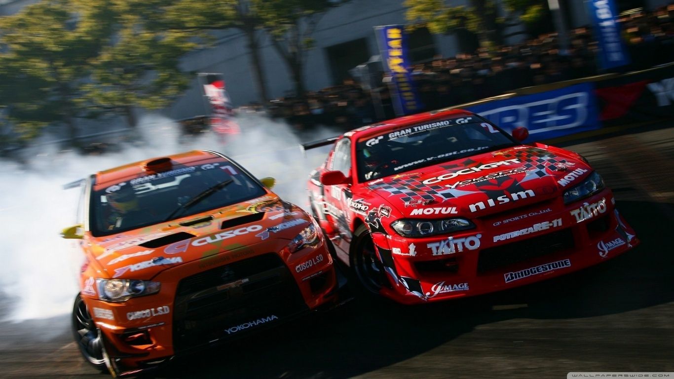 Auto drift Nissan arancioni, 1366x768 HD, Desktop