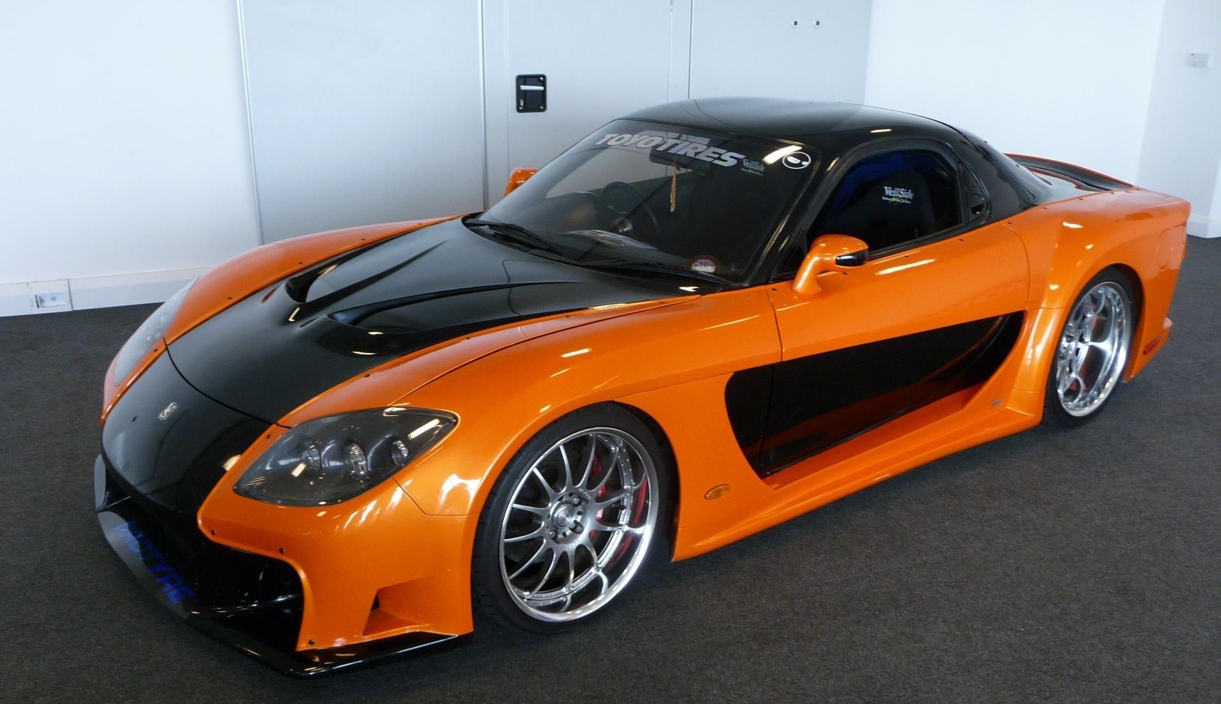 Mazda RX-7 arancione nera drift, 2374x1370 2K, PC Desktop