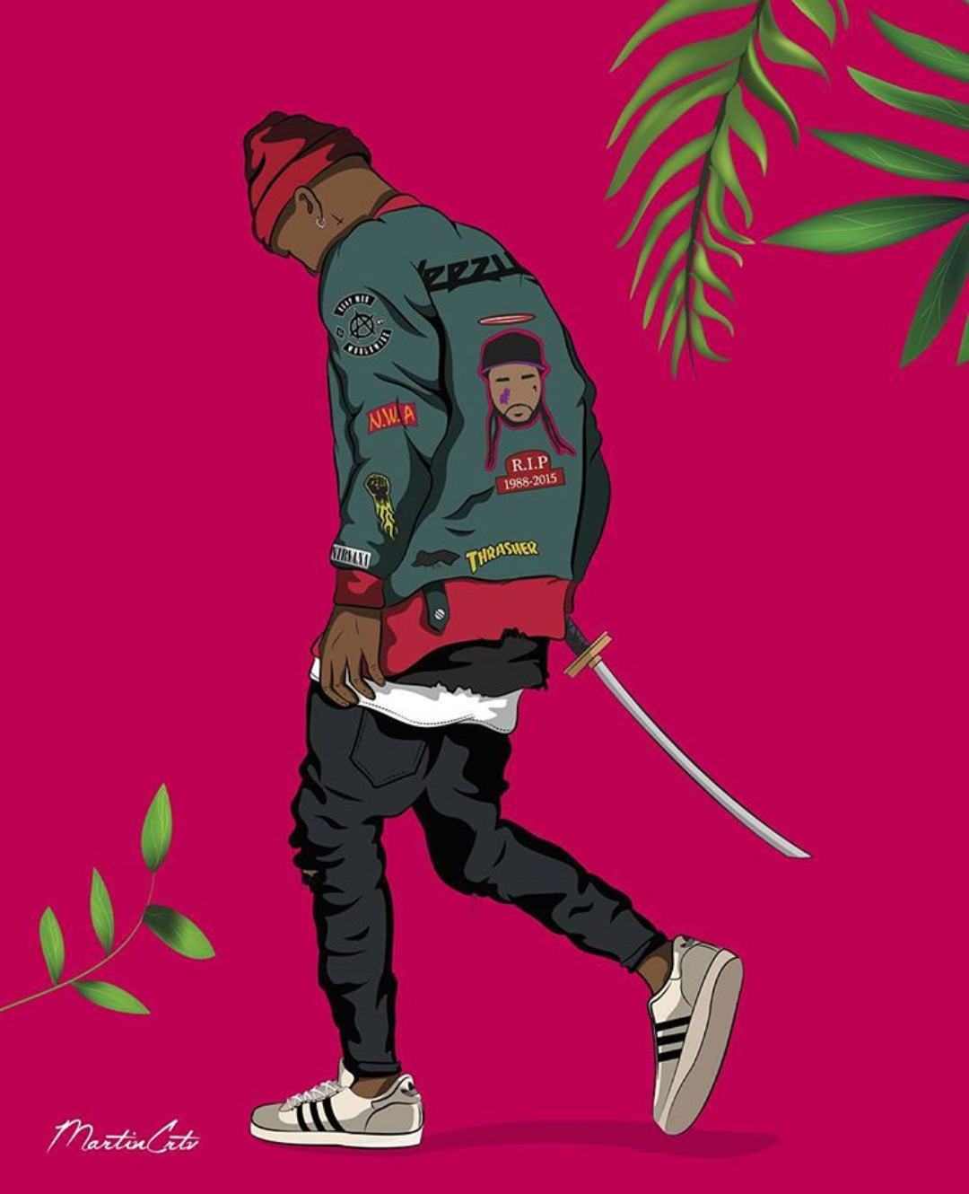 Personaggio streetwear con katana, 1080x1330 Verticale, Mobile