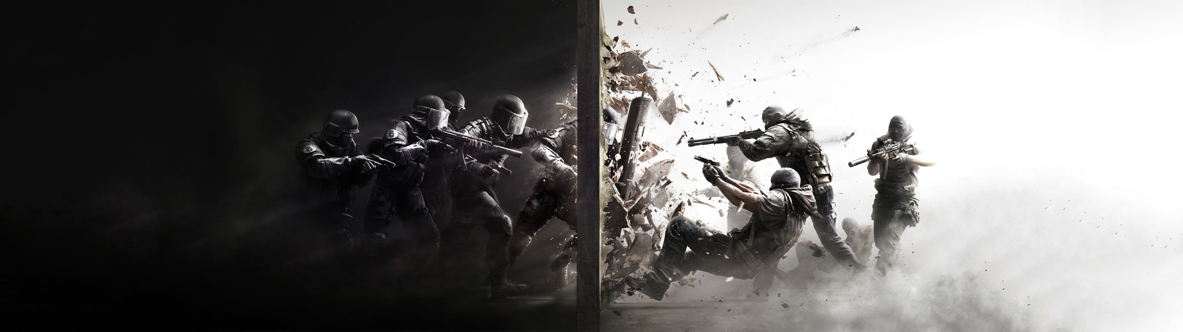 Soldati Rainbow Six Siege bianco nero, sparatutto tattico, 3839x1079 Ultrawide, Dual Monitor