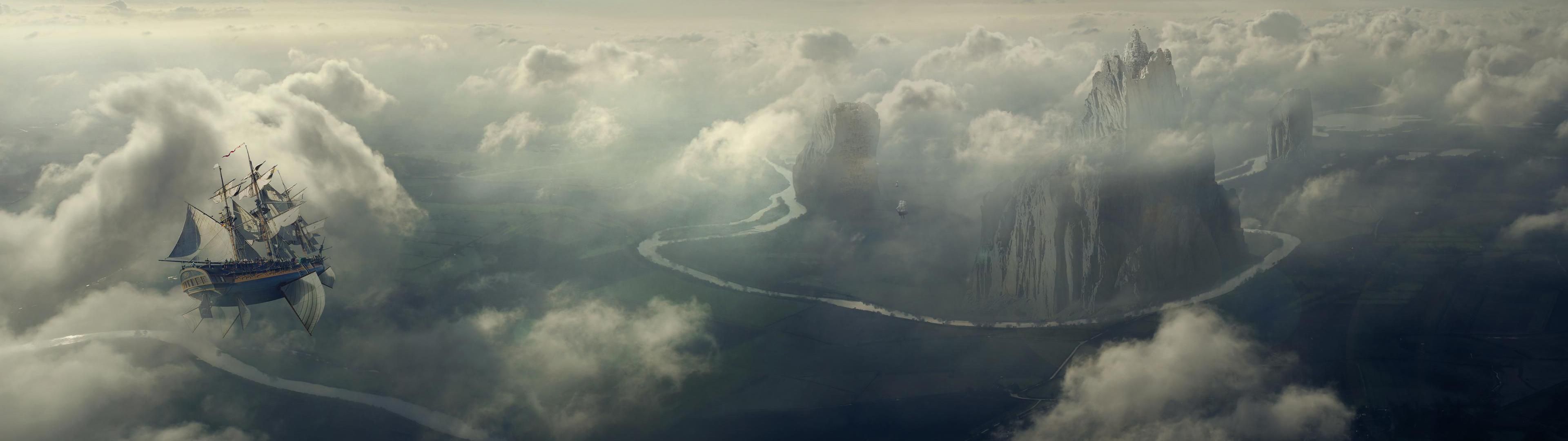 Isola volante tra le nuvole, 3840x1080 21:9, Ultrawide