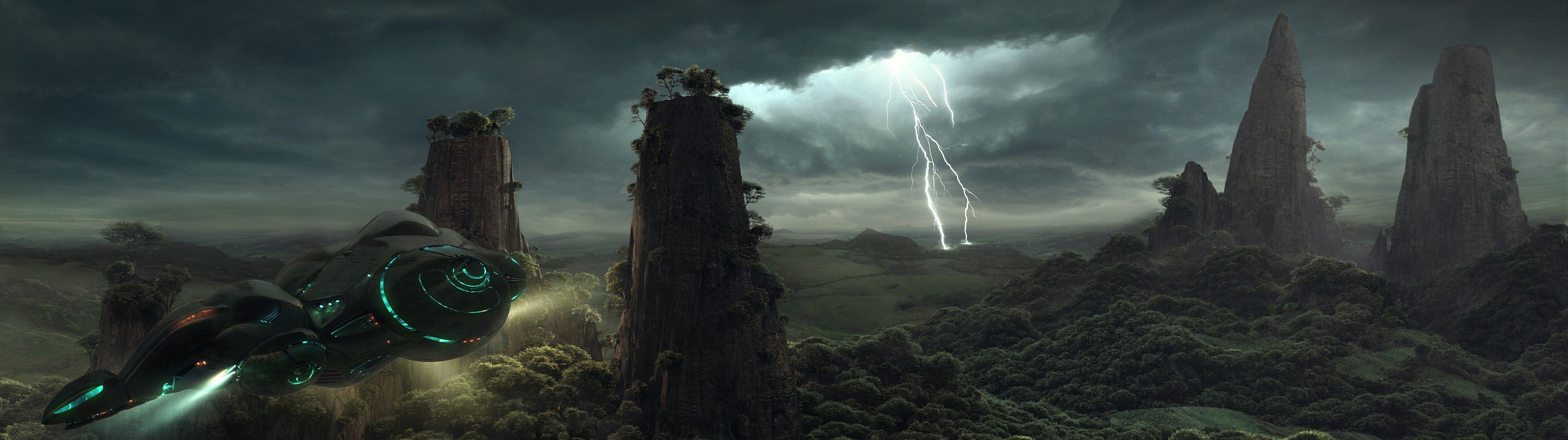 Astronave paesaggio fantasy tempesta, 3840x1080 Ultrawide, Dual Monitor