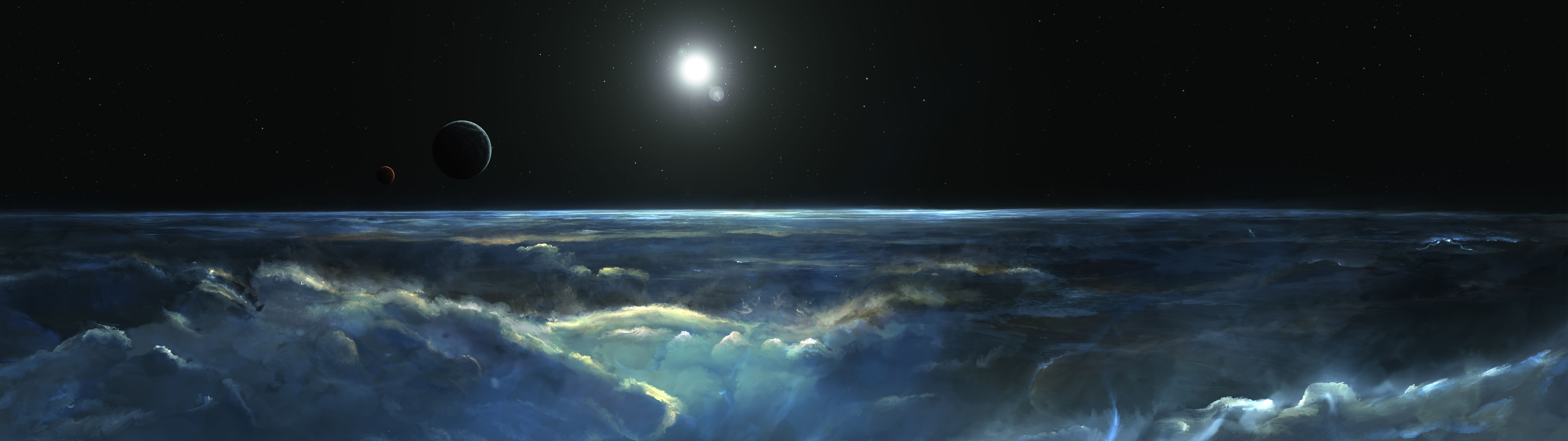 Oceano notturno con pianeti, 7680x2160 Panoramico, Smart TV 4K