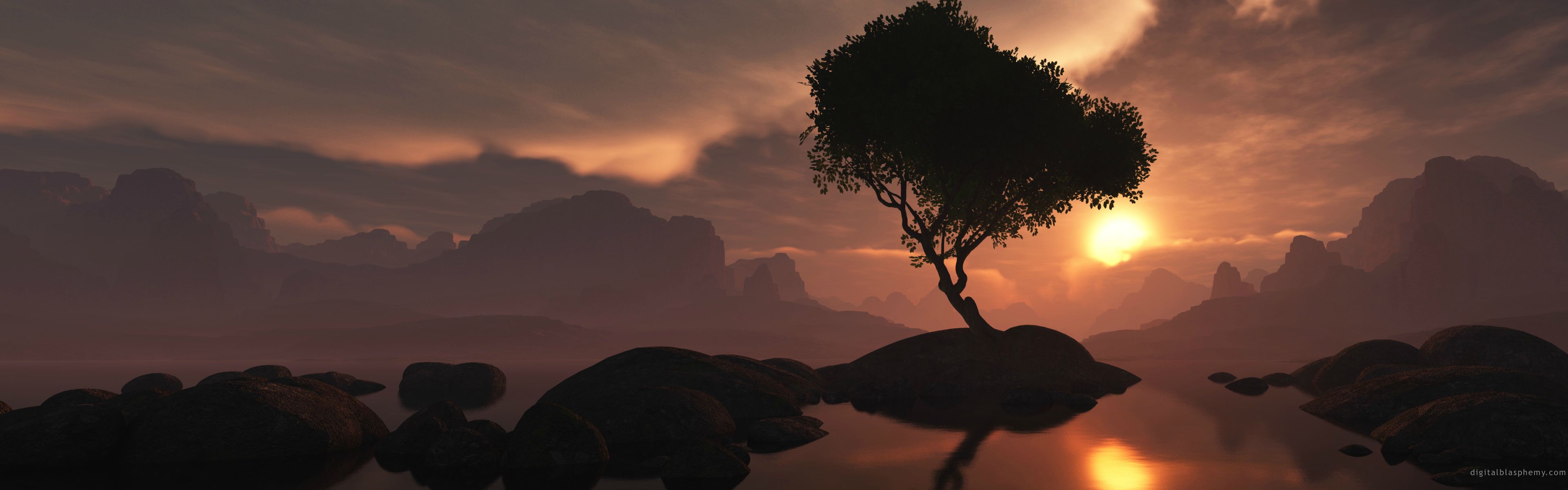 albero silhouette tramonto panoramico, 3840x1200 Ultrawide, Monitor 4K