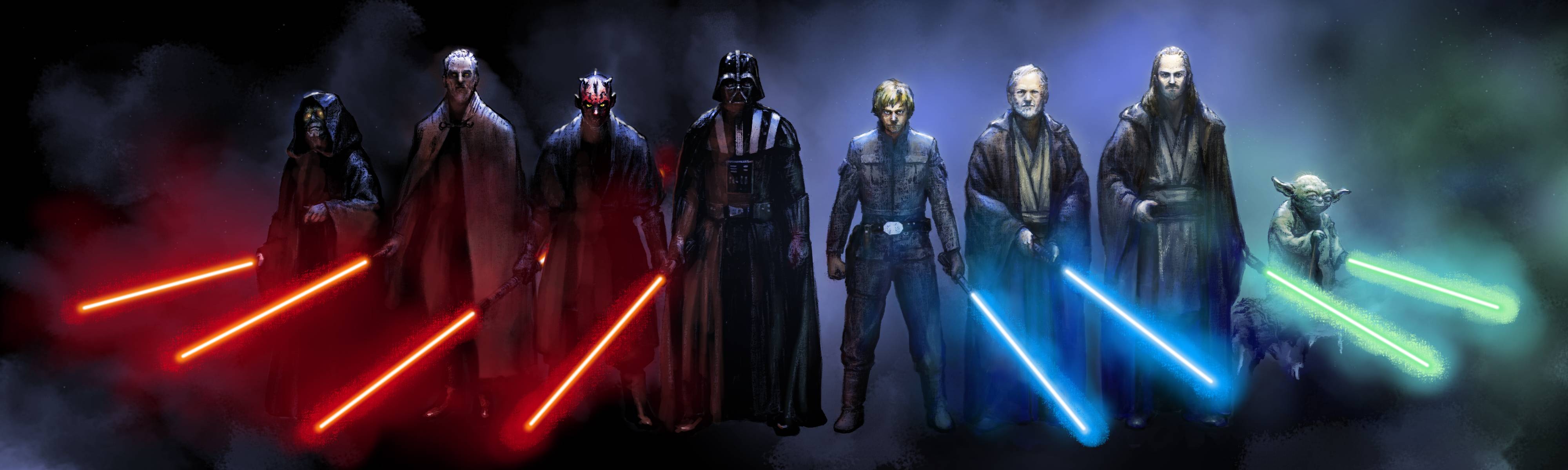 Personaggi Star Wars con spade laser, Jedi, 4000x1200 Panoramico, Dual Screen