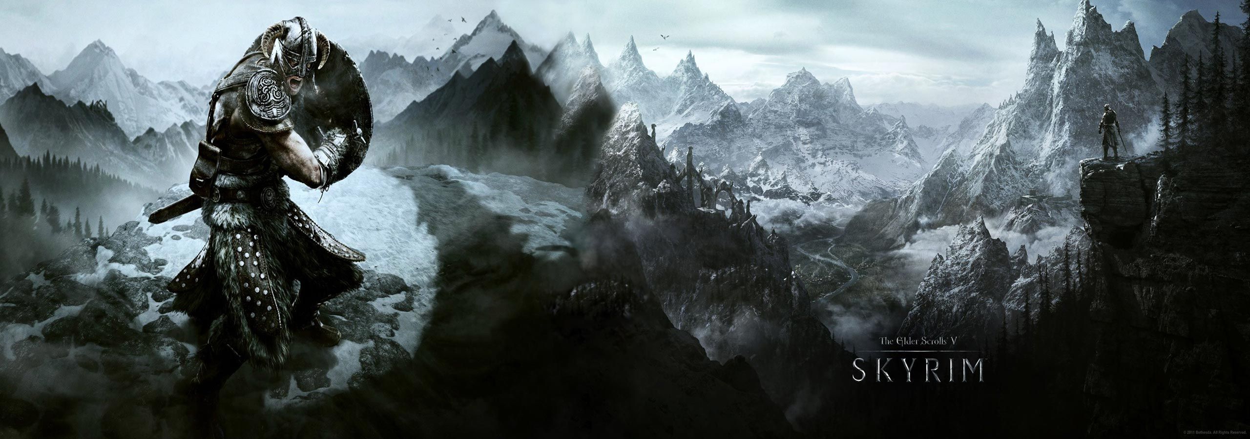 Skyrim guerriero montagne grigie, The Elder Scrolls, 2560x900 Ultrawide, Dual Monitor