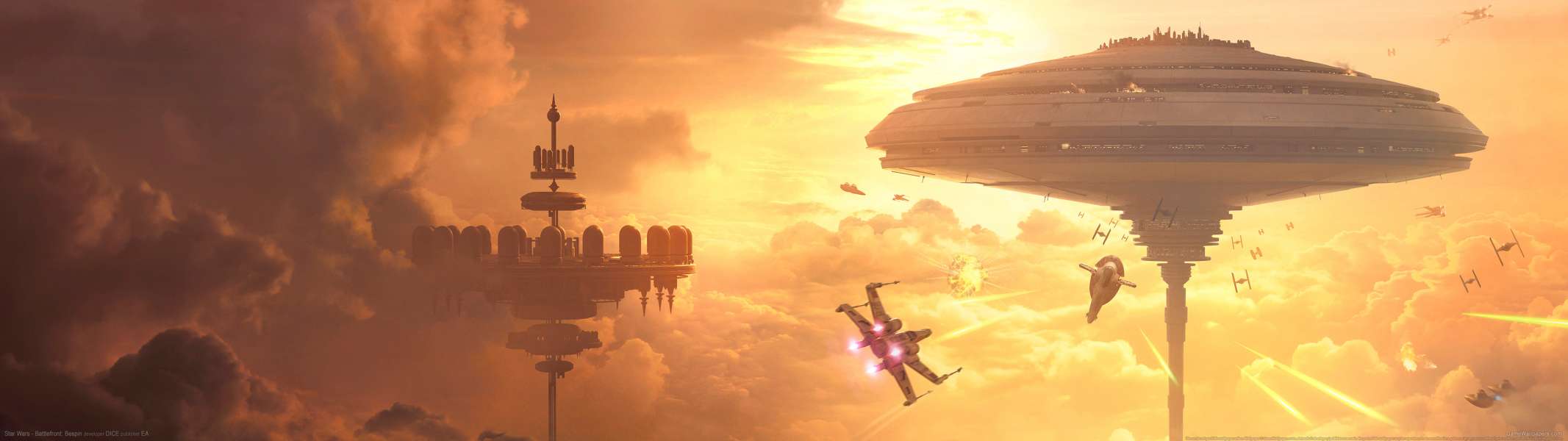 Città volante fantascientifica, tramonto, 2133x600 Ultrawide, Dual Monitor