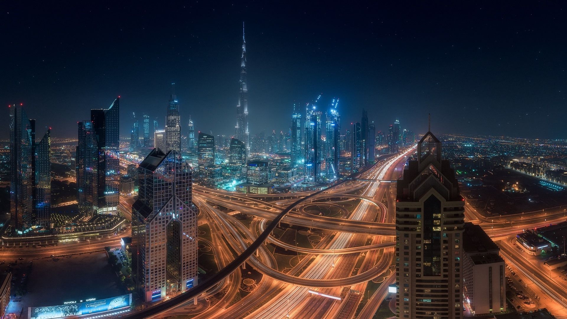 Skyline Dubai notturno, autostrade luminose, 1920x1080 1080p, PC Desktop