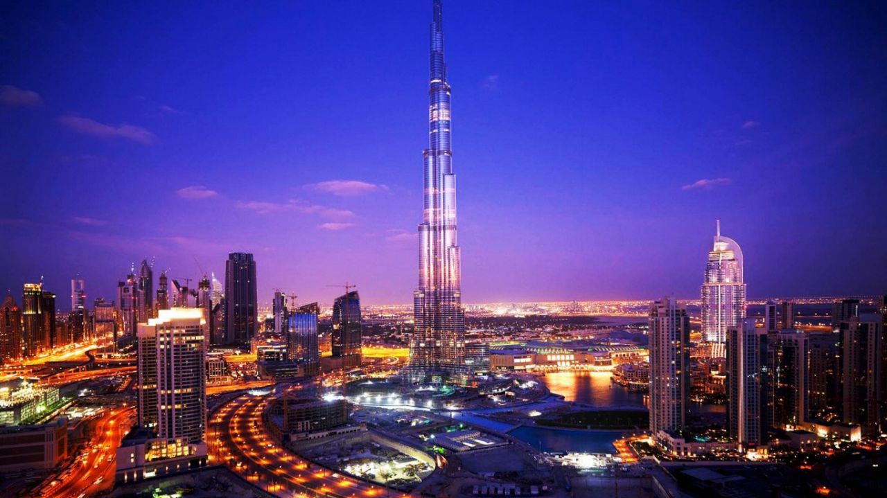 Skyline Dubai notturno Burj Khalifa, 1280x719 720p, PC