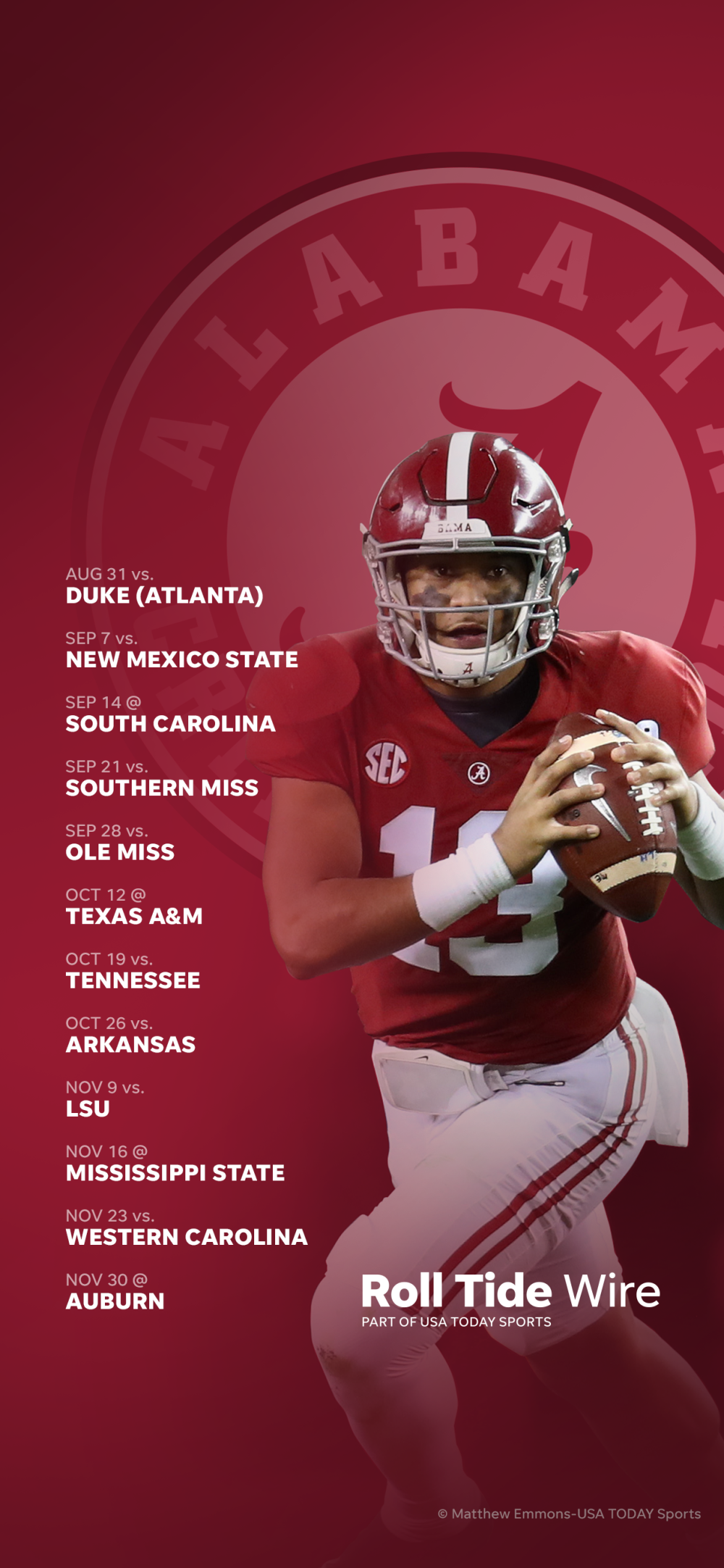 Alabama Crimson Tide calendario football, 1000x2164 Verticale, Telefono