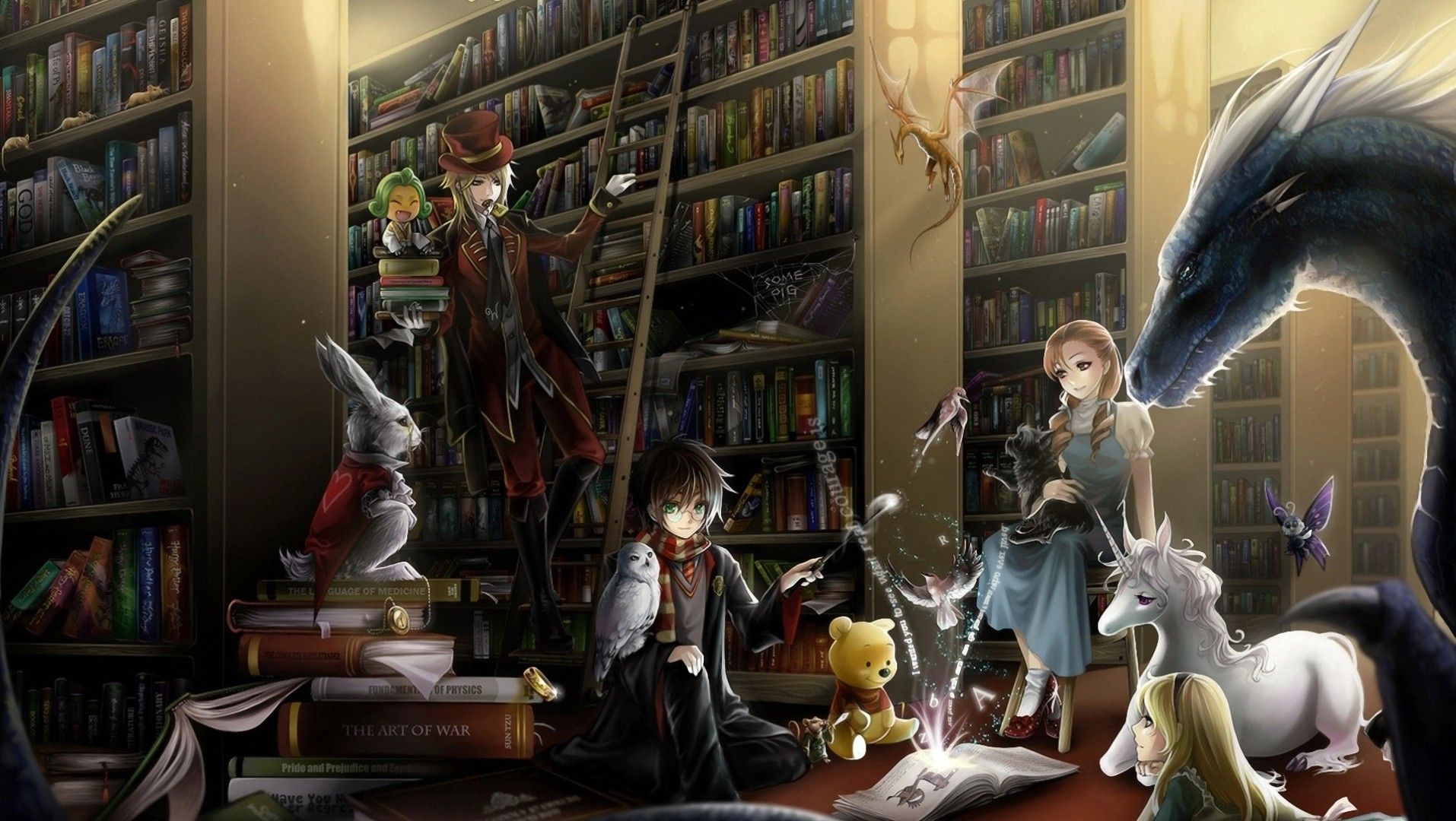 Biblioteca fantasy con draghi e unicorno, 1914x1080 900p, Desktop