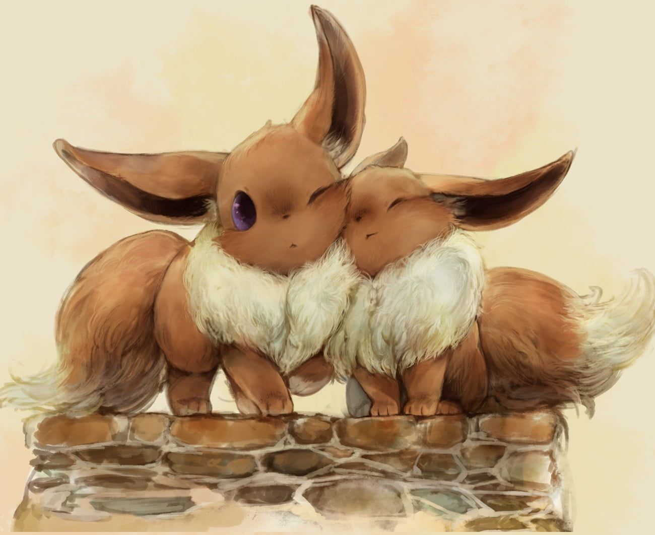 Due Eevee su muretto, Pokémon, 1300x1062 HD, Desktop