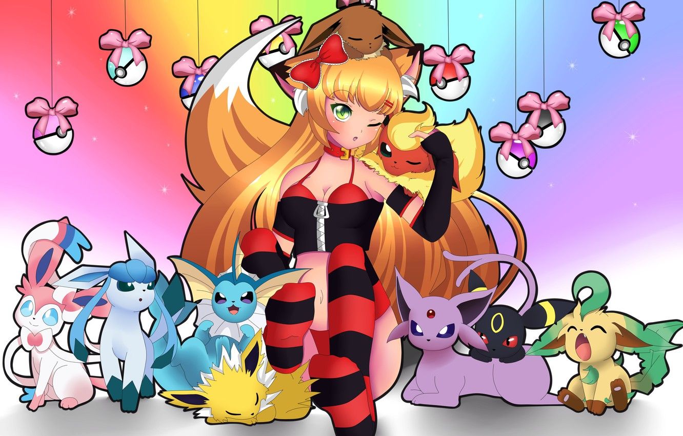 Ragazza anime con Eeveelutions Pokemon, 1332x850 720p, Laptop