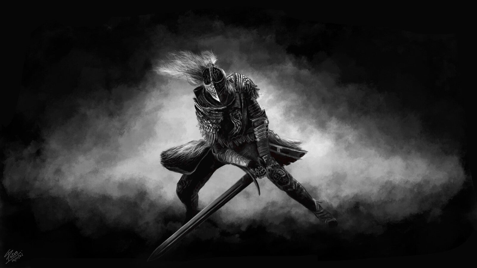 Cavaliere guerriero Elden Ring bianco e nero, 1600x900 HD, Laptop