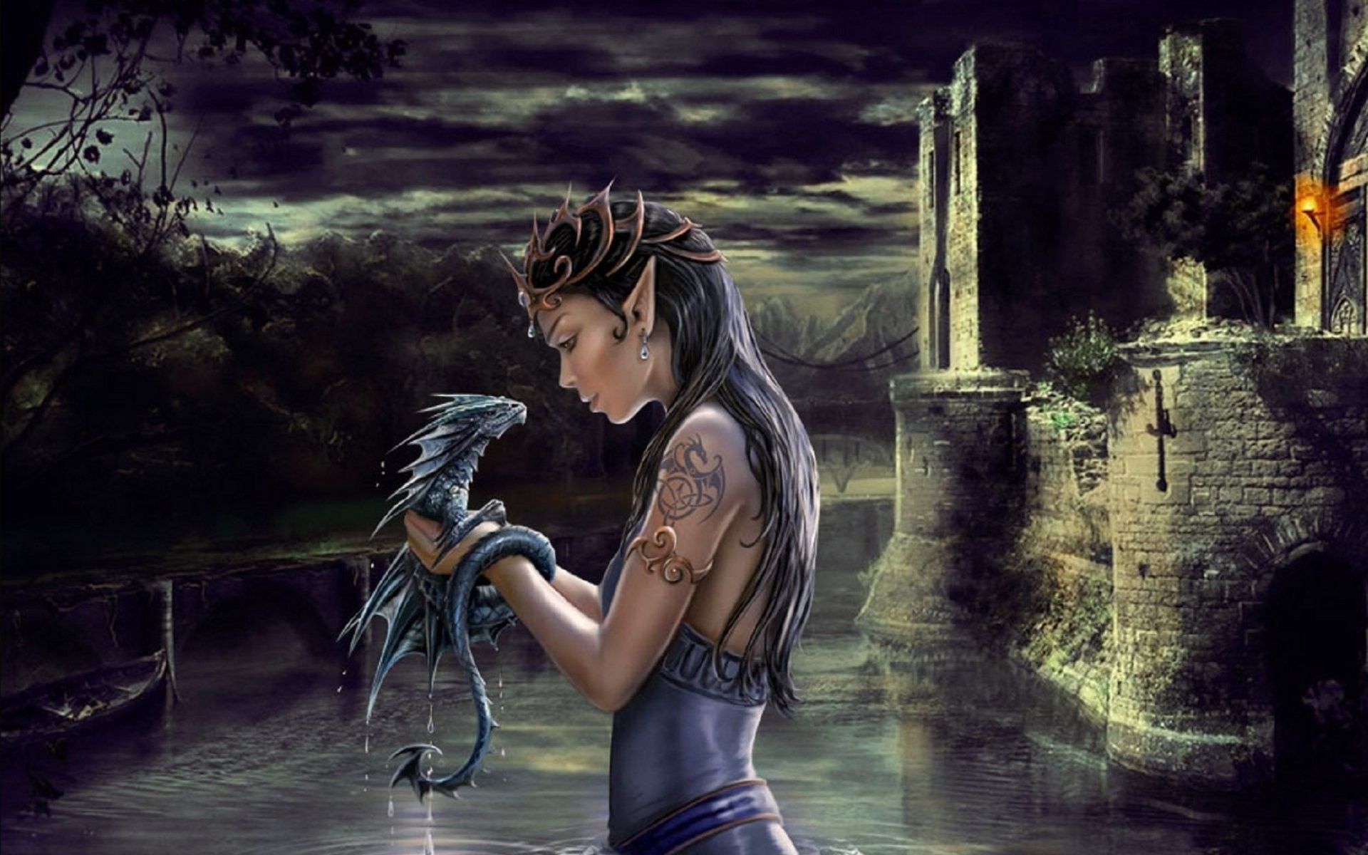 Elfa con drago e castello, 1920x1200 Full HD+, PC Desktop