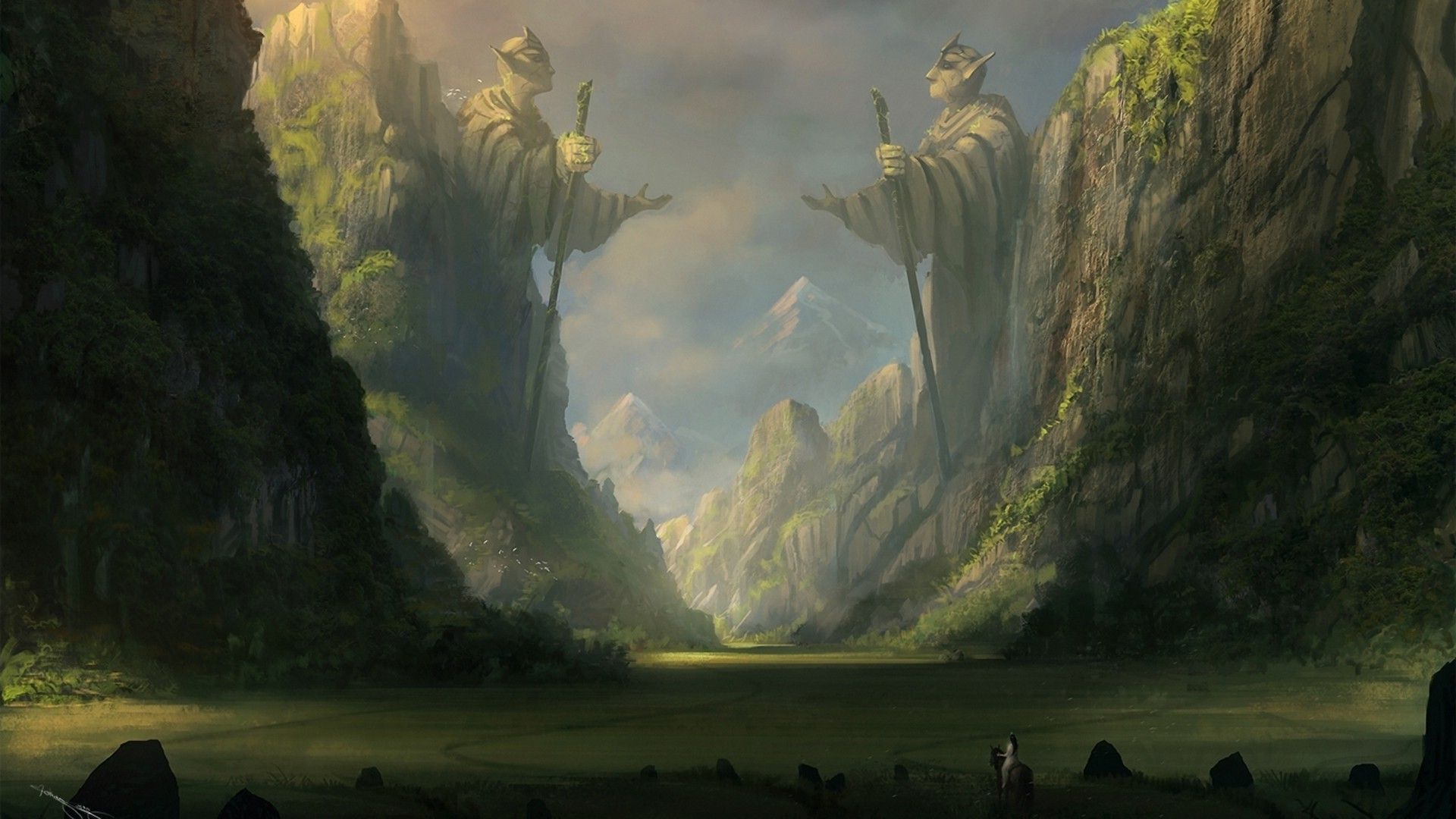 Vallata fantasy con statue elfiche, 1920x1080 Full HD, PC