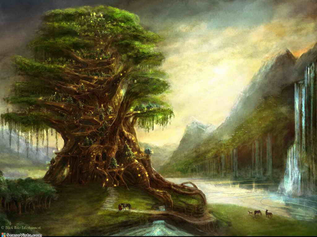 Albero maestoso villaggio elfi fantasy, 1024x768 HD, PC