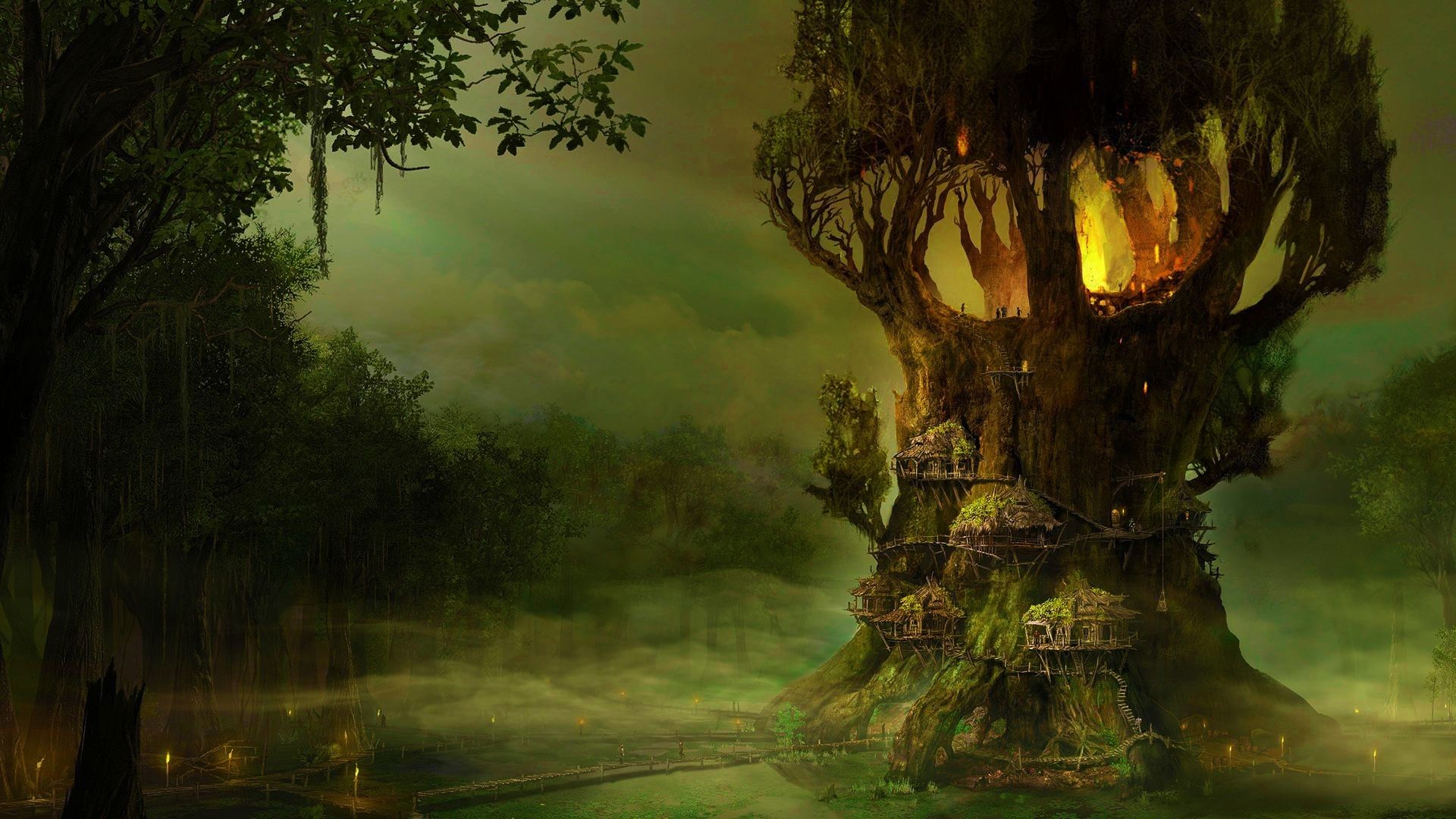 Casa sull'albero foresta elfica, 1920x1080 1080p, Desktop