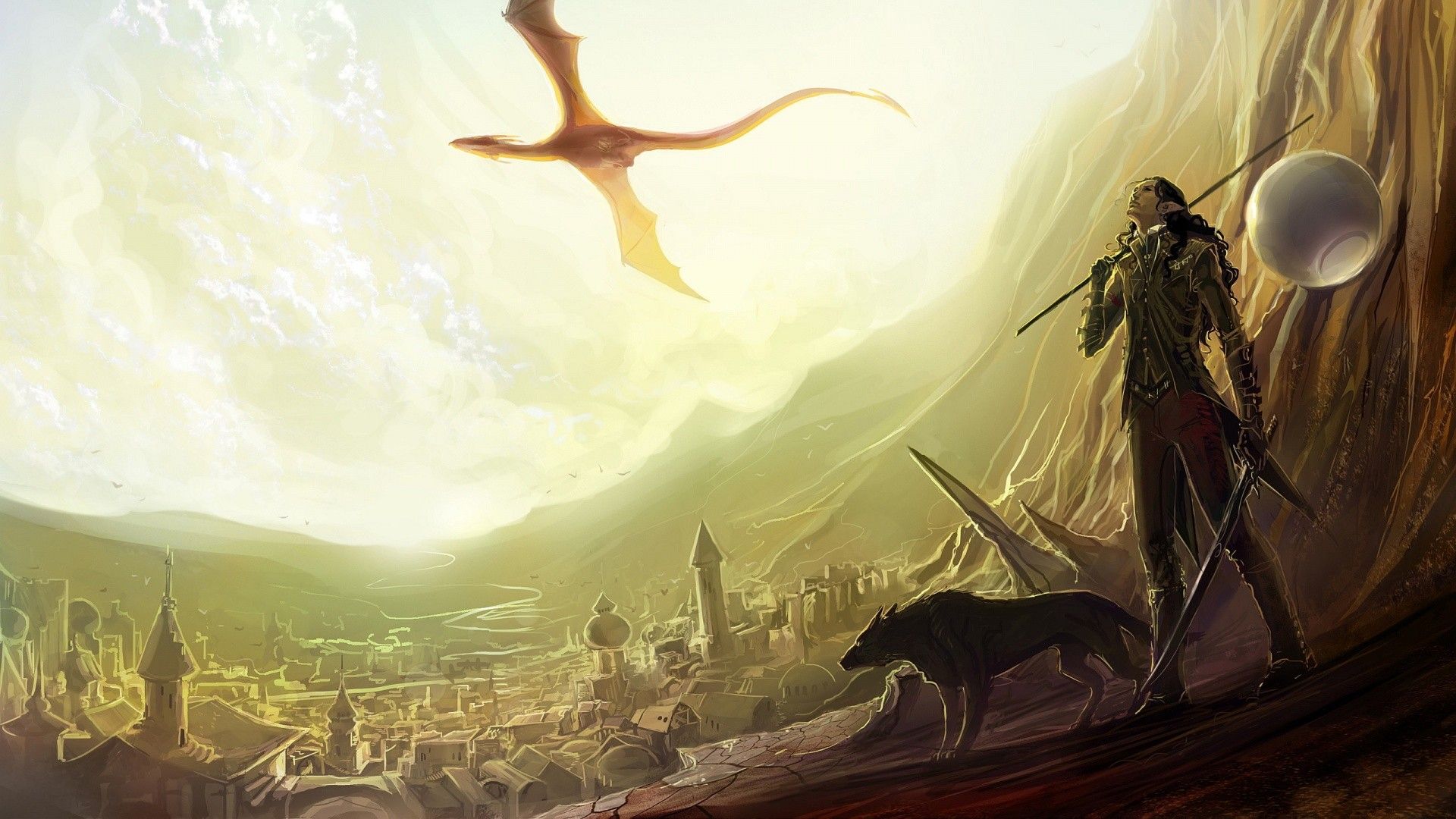 Elfo con drago e città fantasy, 1920x1080 Full HD 1080p, Desktop