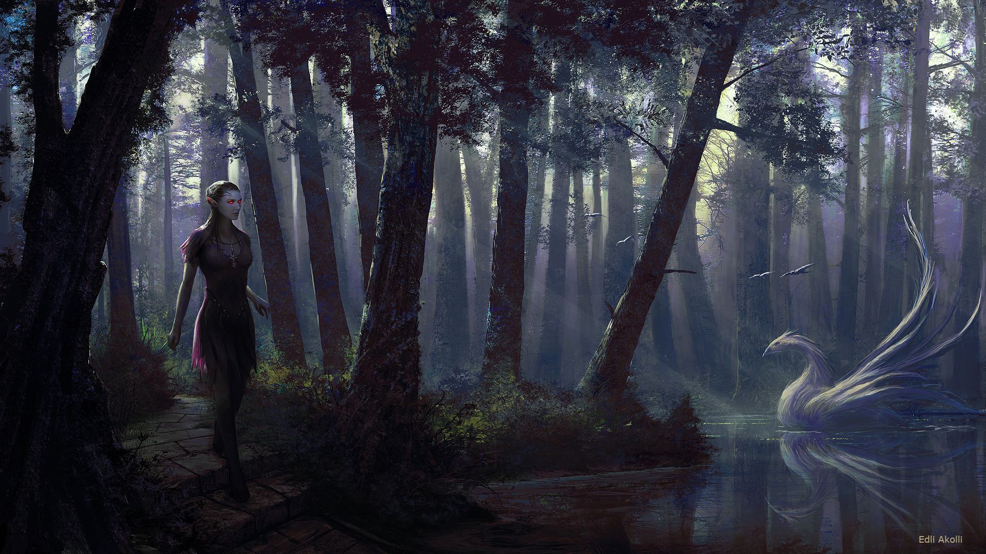 Elfa nella foresta con cigno, 1920x1080 1080p, Desktop