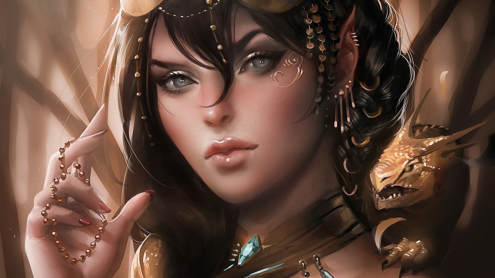 Elfa fantasy con gioielli dorati, 1920x1080 Full HD, Desktop