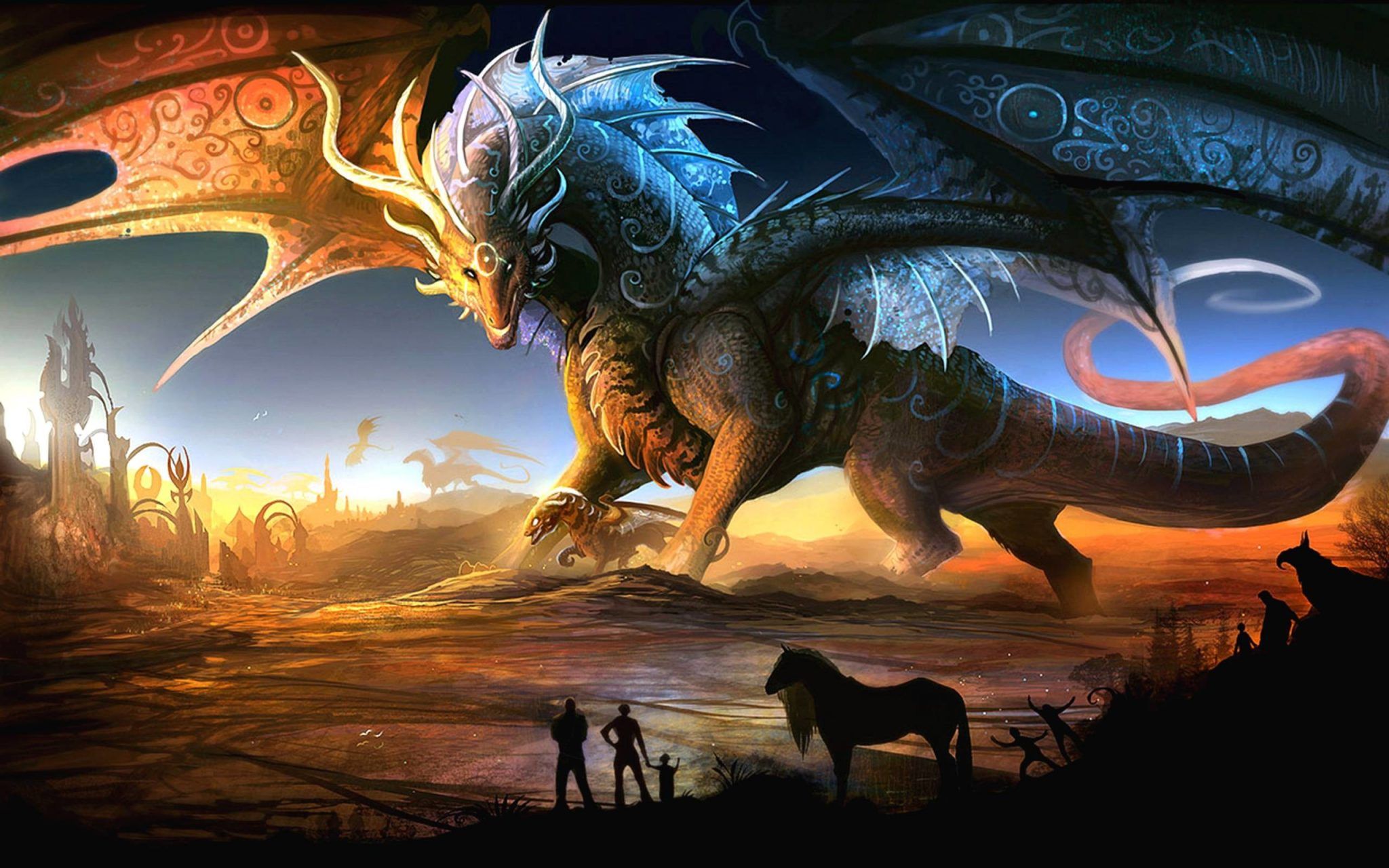Drago epico su paesaggio fantasy, 2048x1280 2K, Laptop