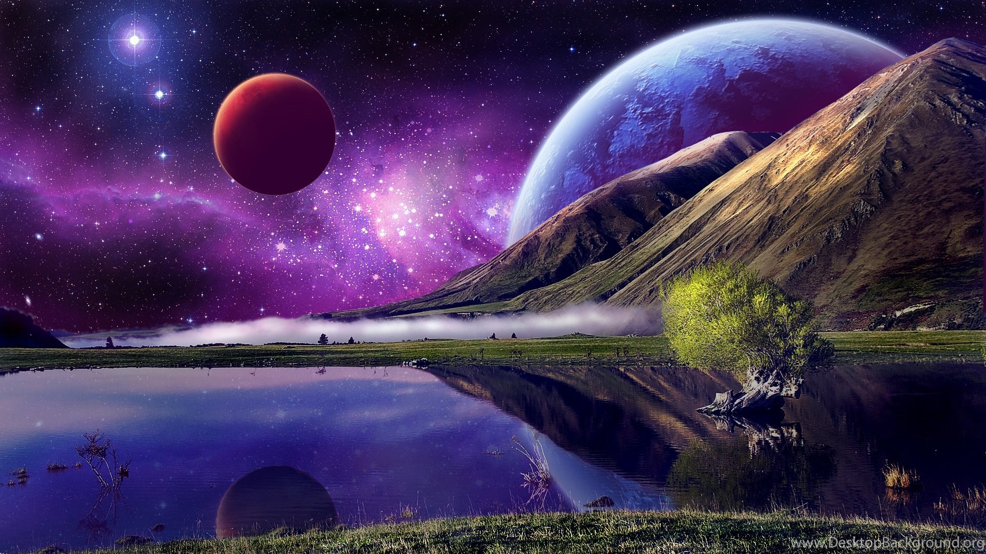 Pianeti fantasy su lago viola, 1920x1080 Full HD, PC Desktop