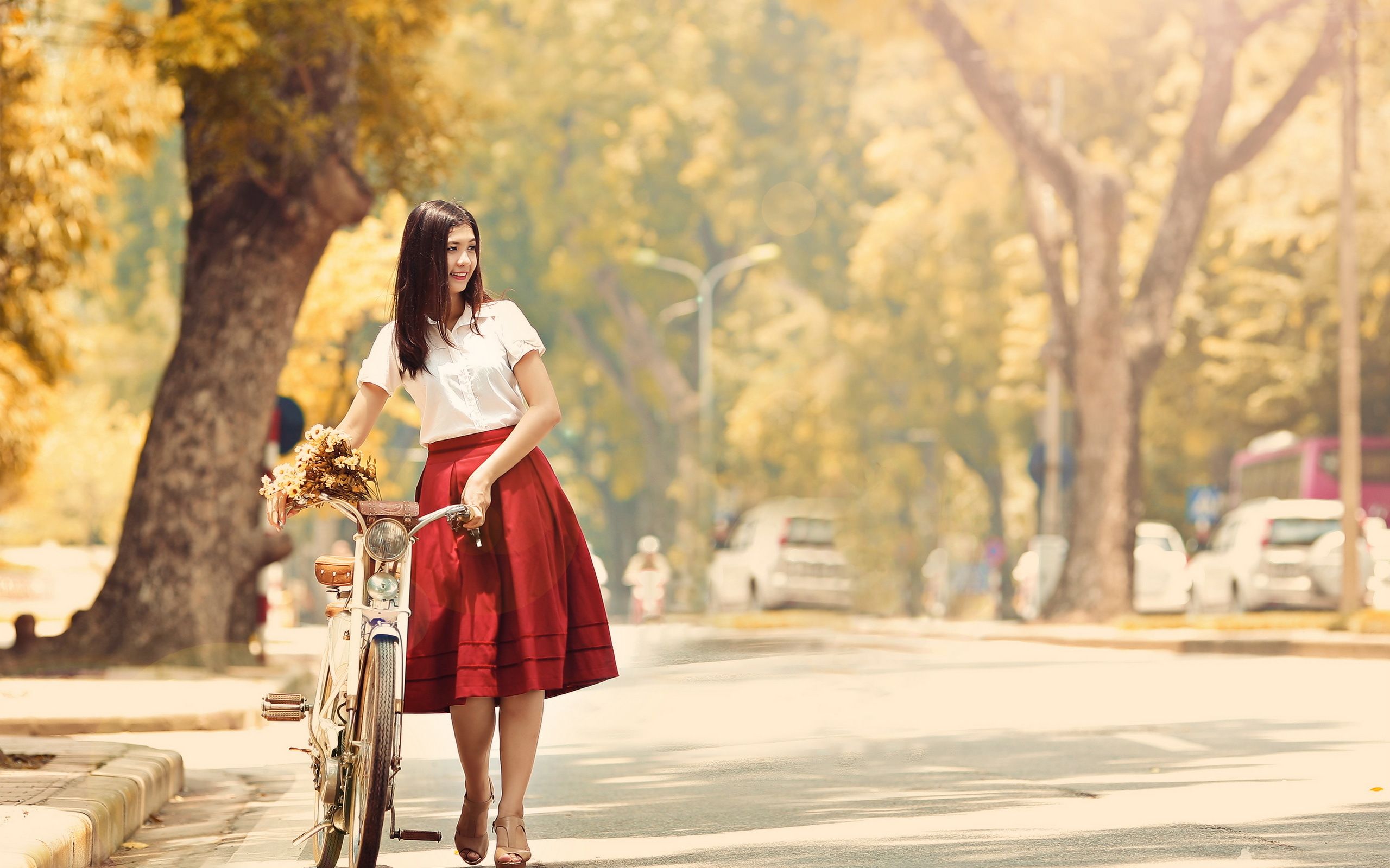 Donna con bicicletta vintage viale, 2560x1600 WQXGA, Monitor Gaming