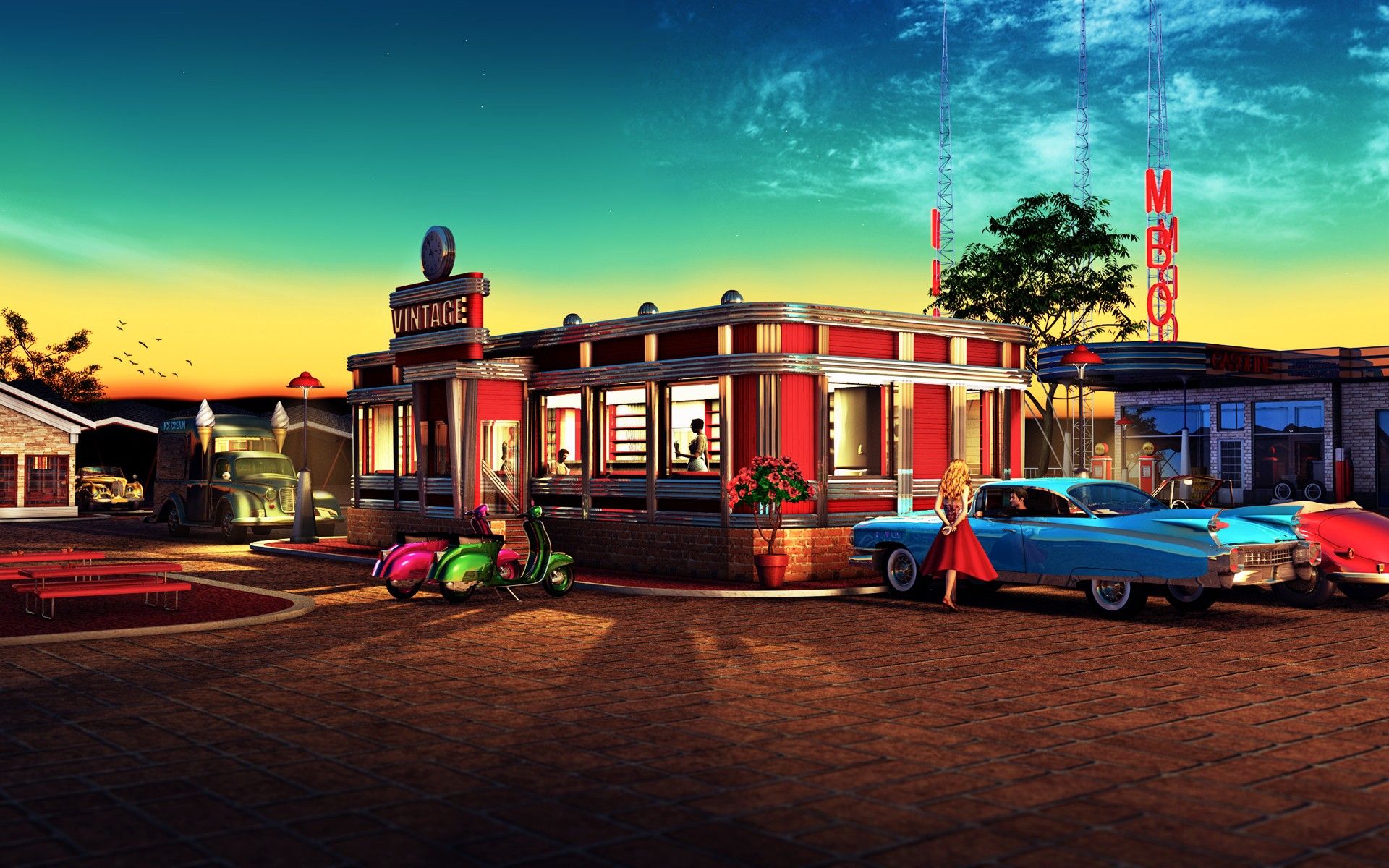 Diner anni '50 con auto d'epoca, 1920x1200 WUXGA, PC