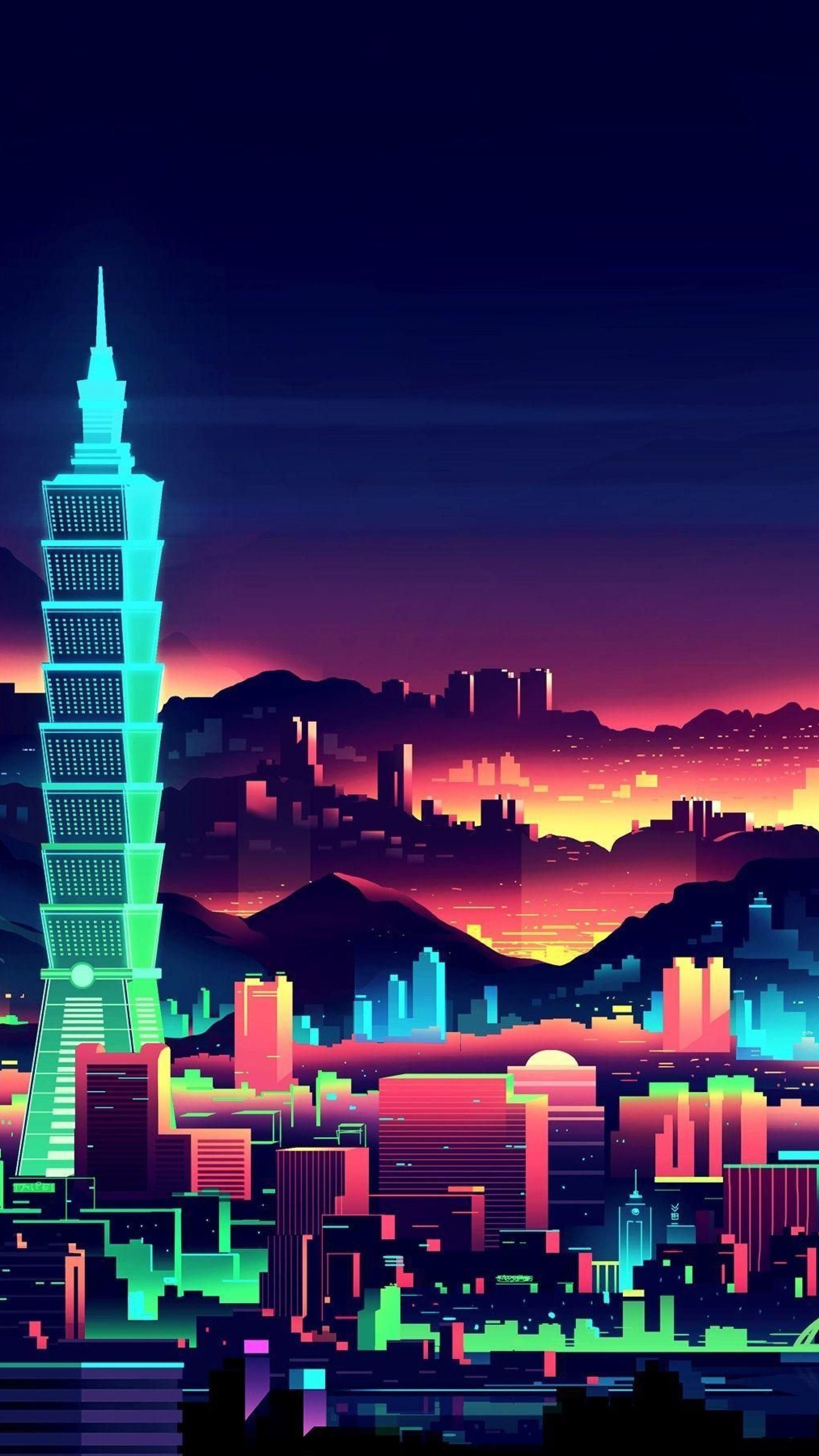 Skyline neon retrowave città, 2160x3840 Verticale, iPhone Plus