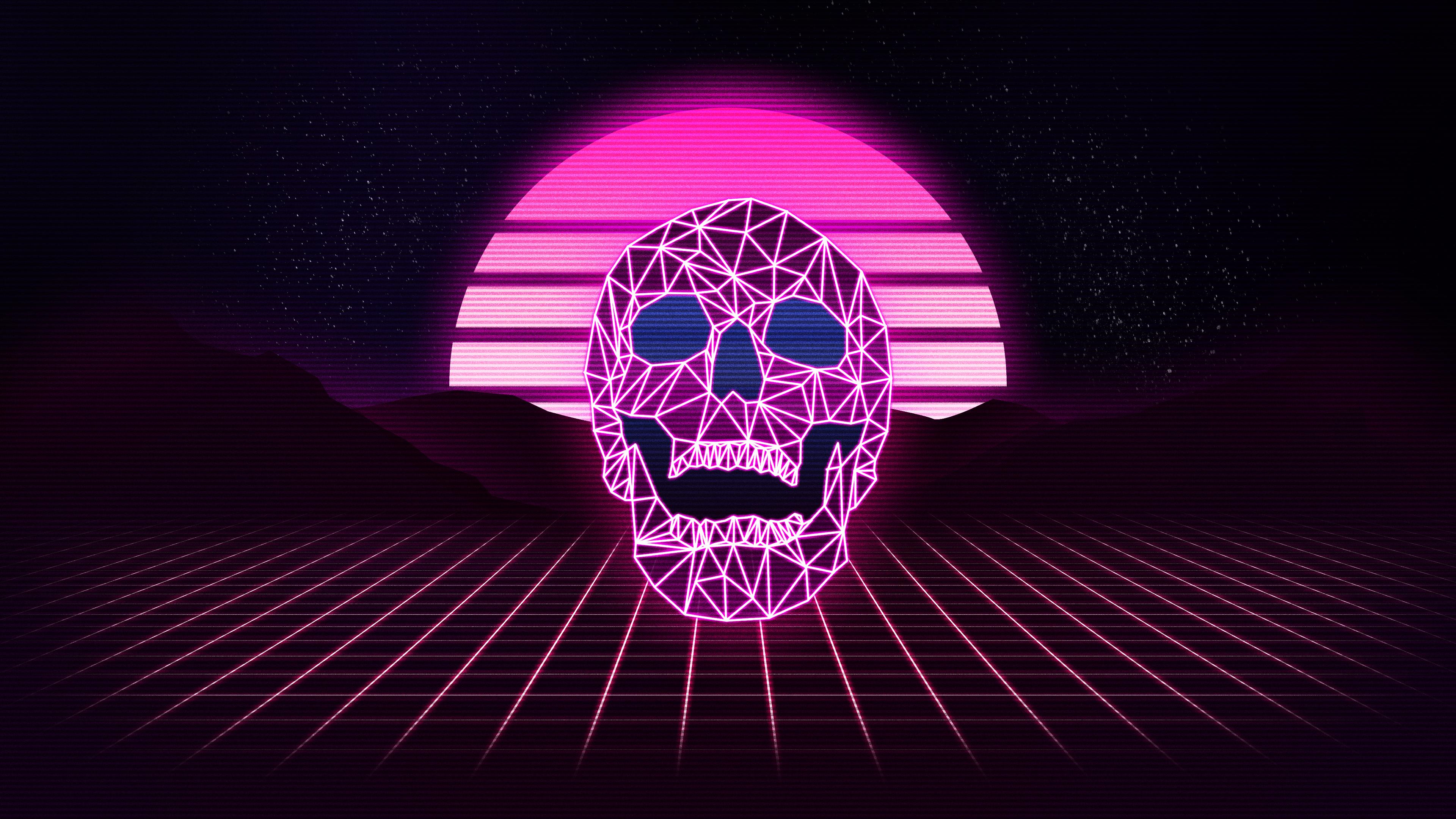 Teschio wireframe retrowave neon, 3840x2160 UHD, PC 4K
