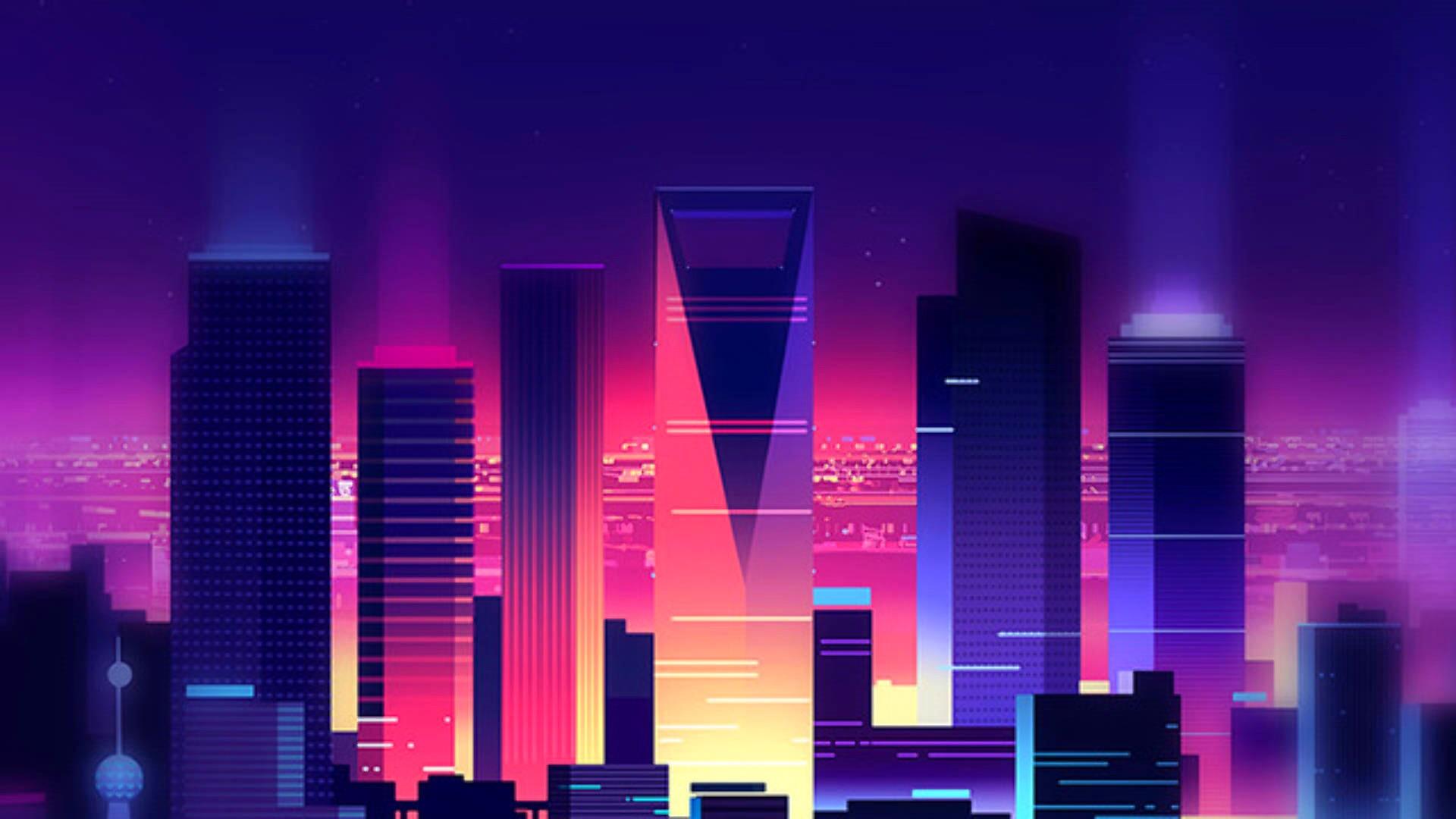 Skyline città retrowave neon, 1920x1080 1080p, Desktop