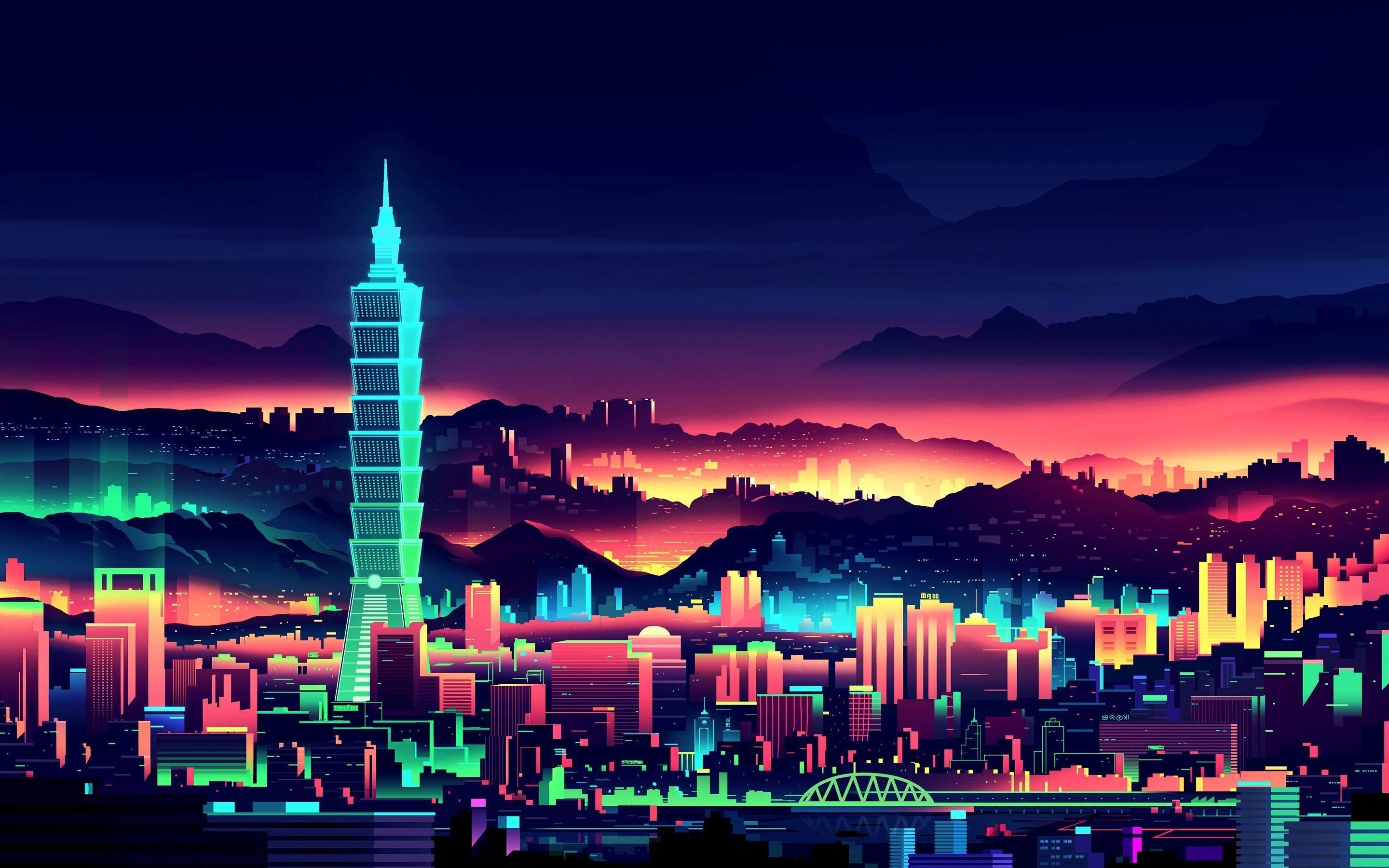 Skyline neon città notturna, 2880x1800 2K+, MacBook Pro