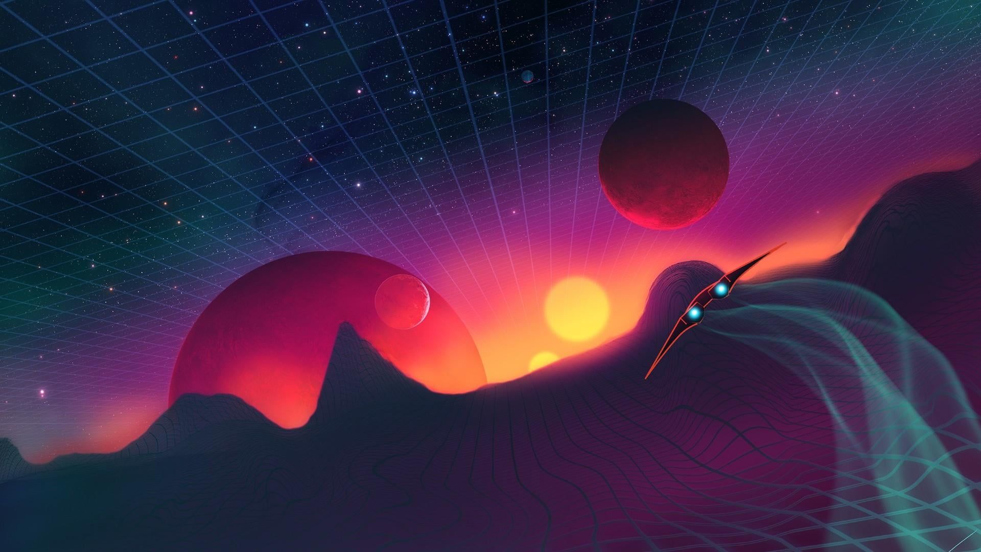 Paesaggio retrowave con griglia e pianeti, 1920x1080 1080p, PC Desktop
