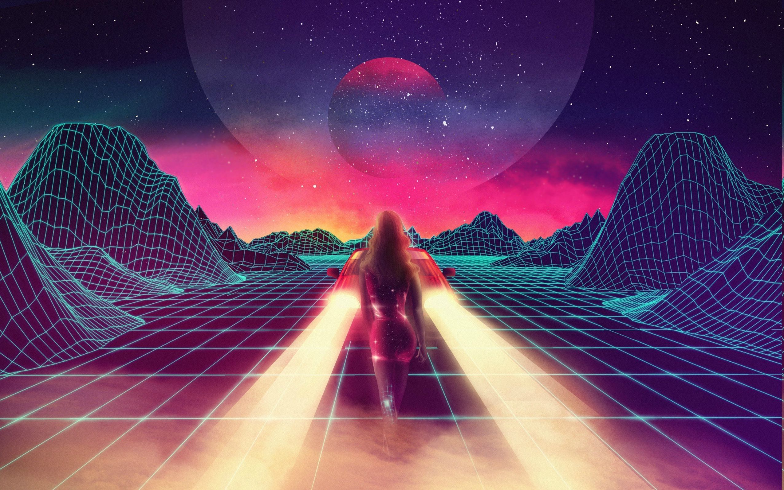 Griglia synthwave con pianeta, 2551x1596 Hi-Res, Desktop