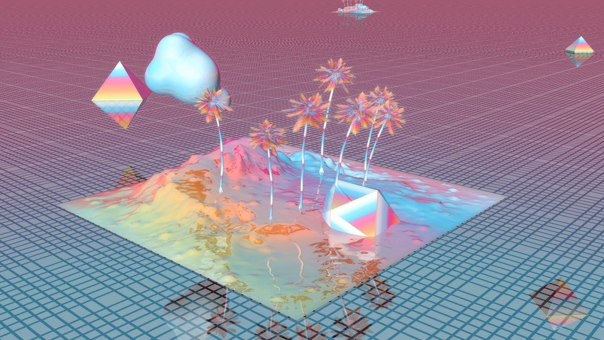 Isola vaporwave con palme, 1920x1080 Full HD, PC