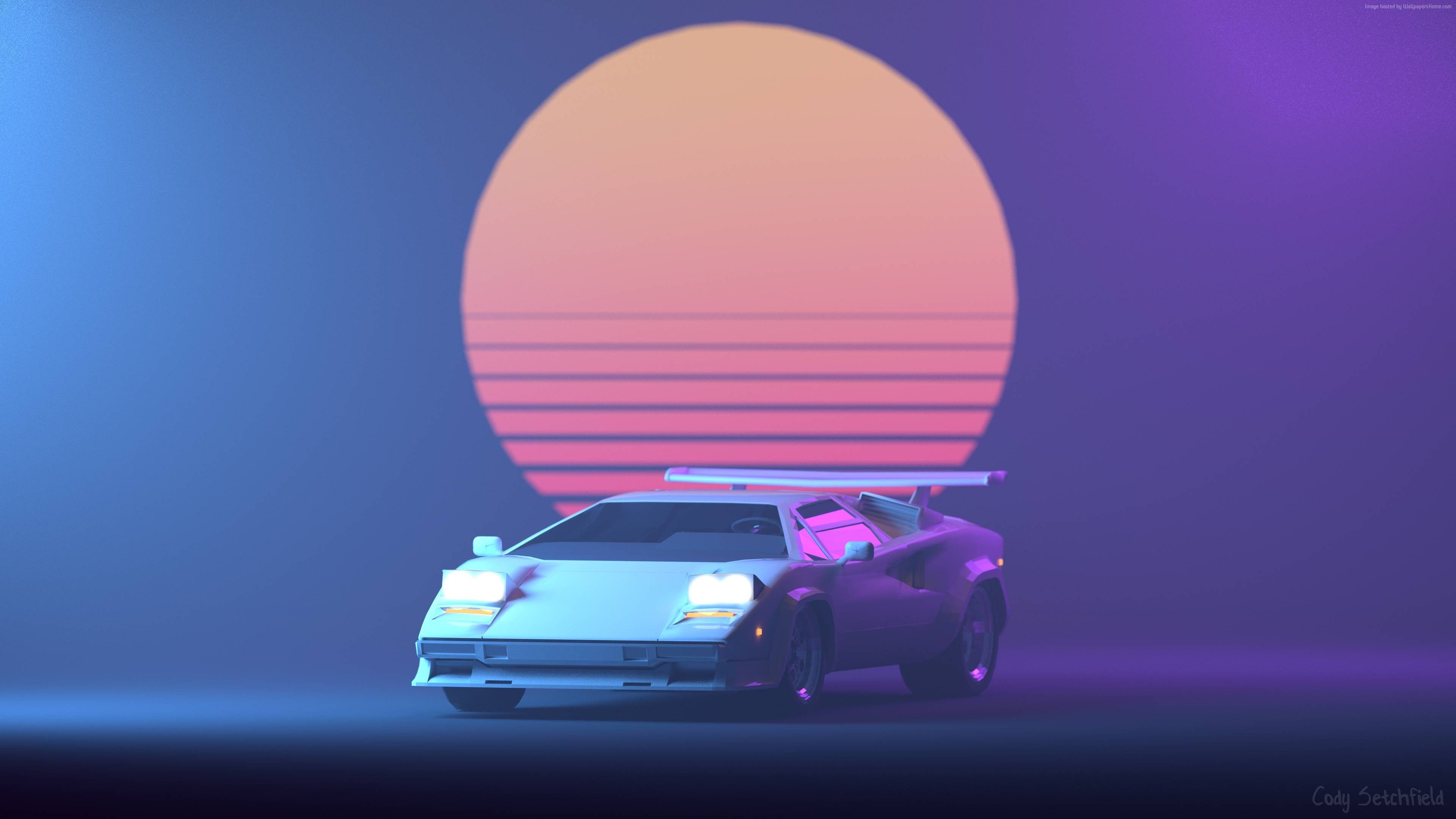 Auto sportiva retrowave sole, 3840x2160 4K, Desktop 4K